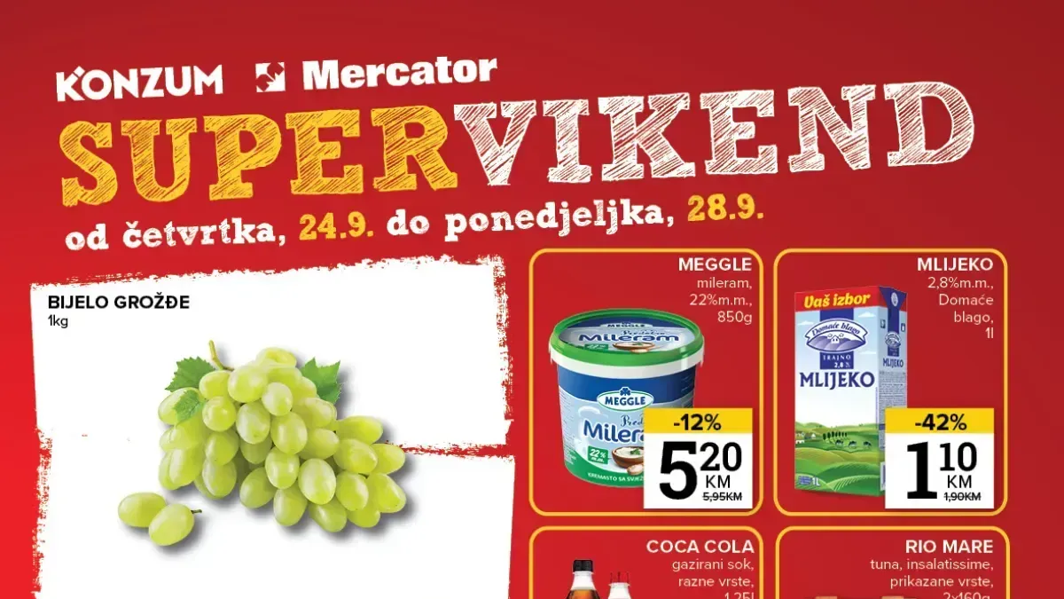 Konzum i Mercator Super Vikend do 28.09.2026. – popusti do 54% i cijene već od 1,10 KM