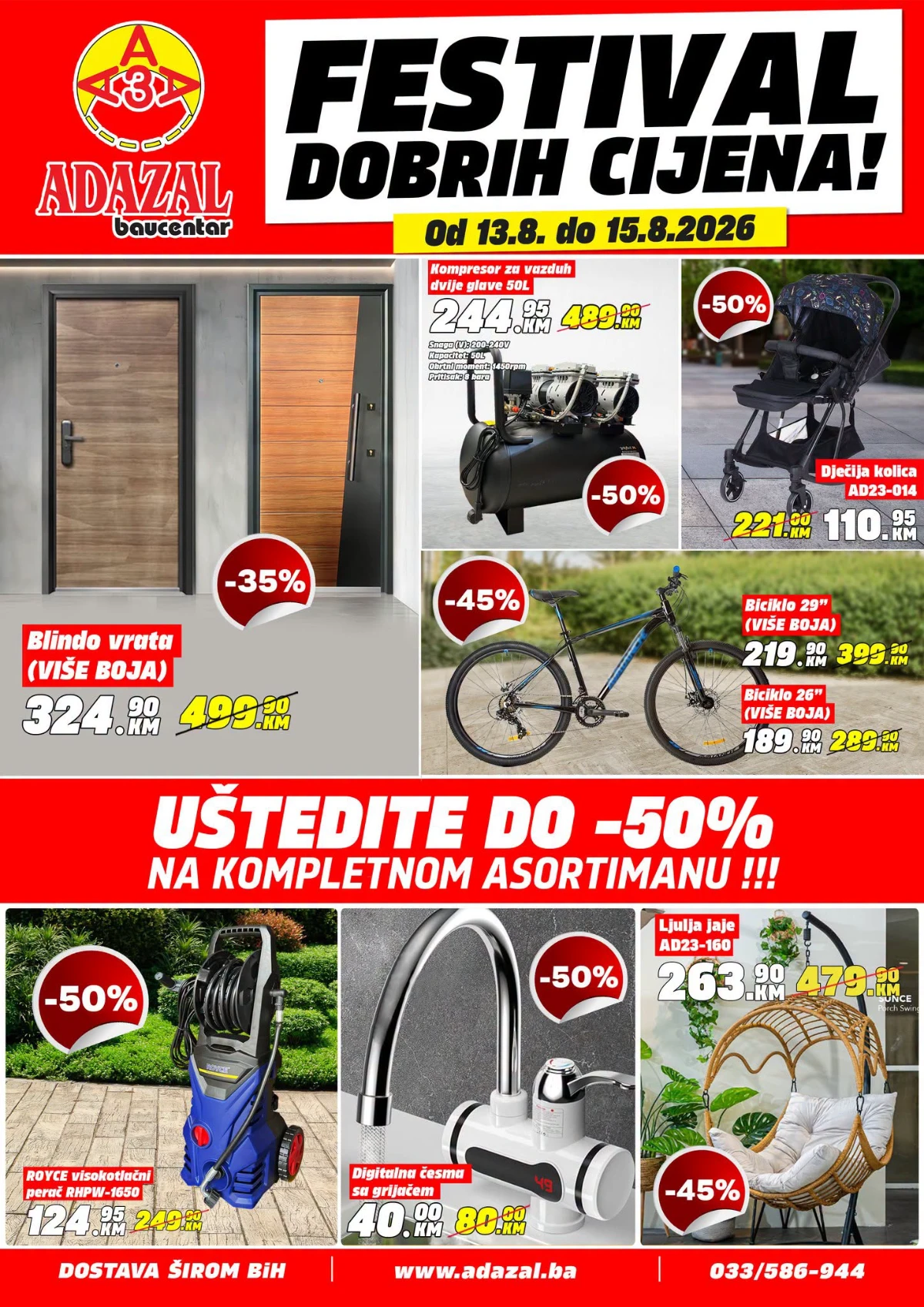 Adazal Festival dobrih cijena od 13.08. do 15.08.2026. – popusti do 50% na vrata, kompresor, bicikle, vrtnu opremu i kompletan asortiman