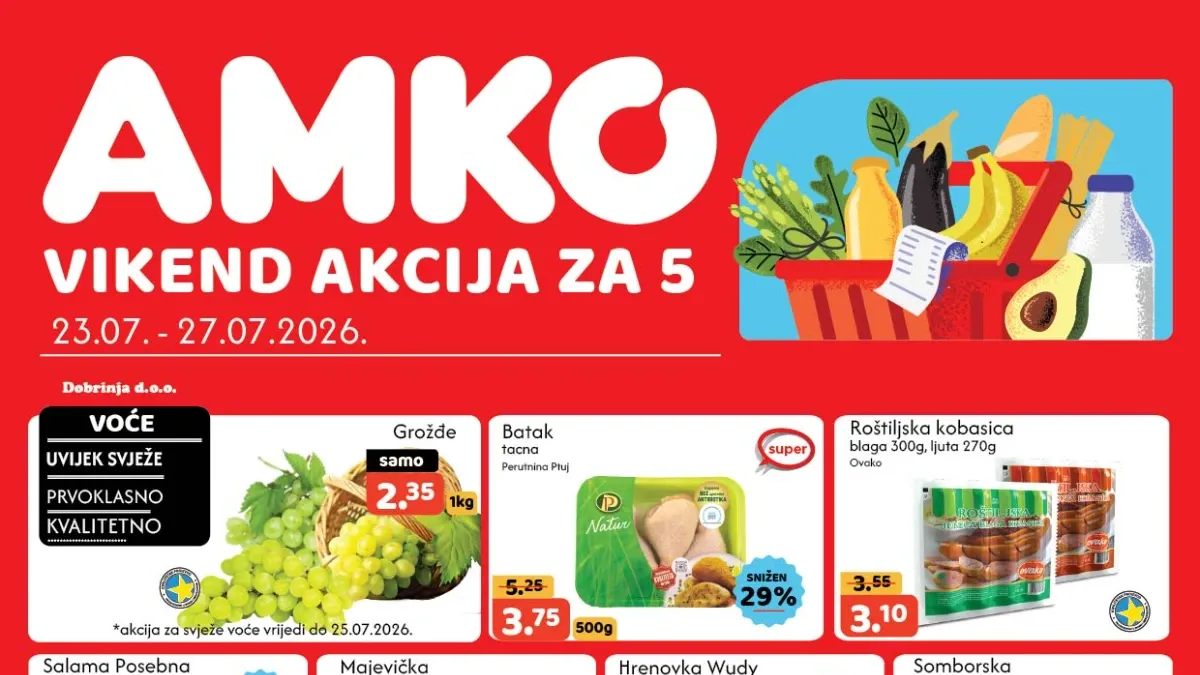 AMKO vikend akcija uz popuste do 51% – prehrana, meso, voće, mliječni proizvodi i proizvodi za domaćinstvo po sniženim cijenama.