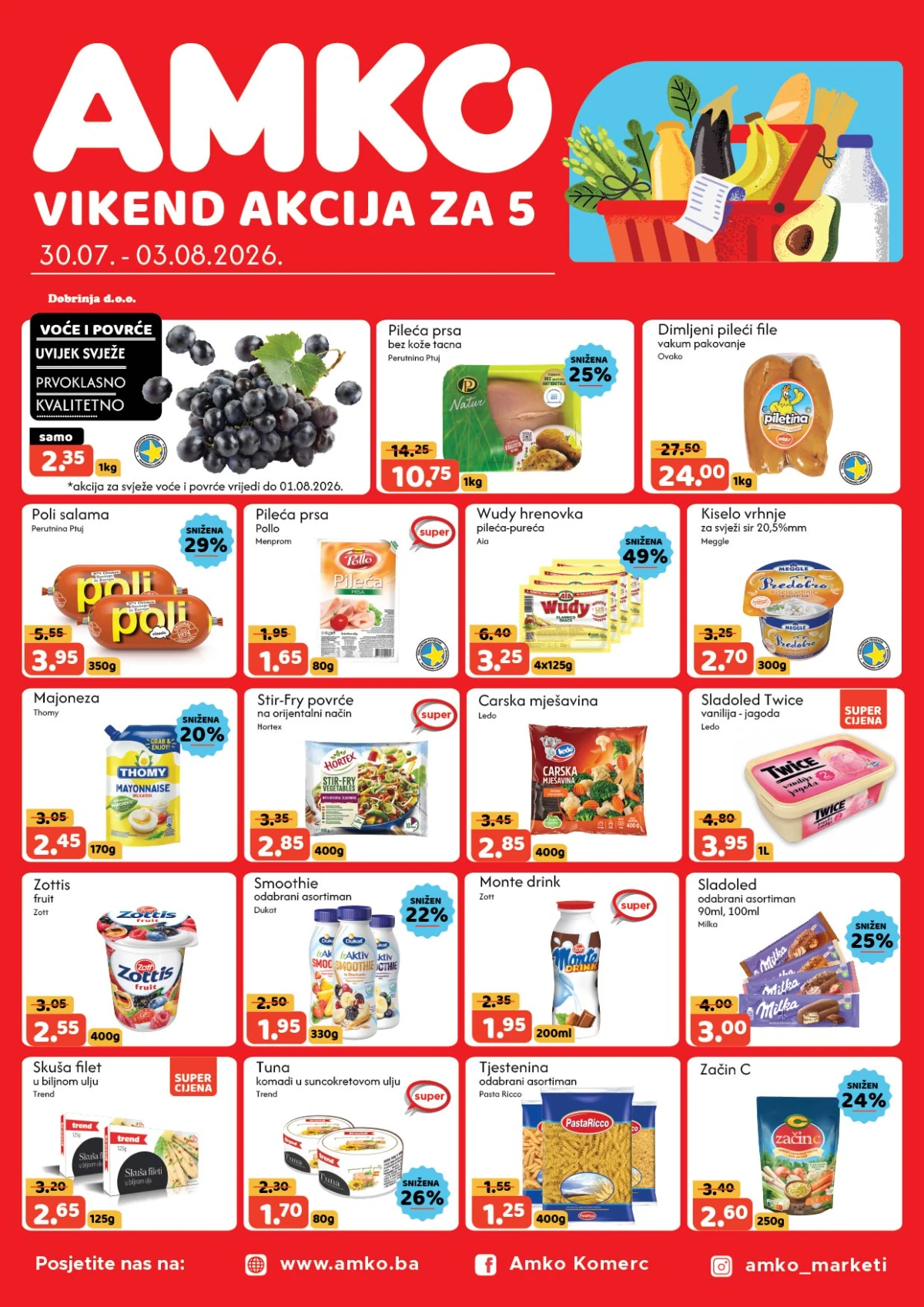 AMKO vikend akcija do 03.08.2026. donosi popuste do 49% na prehranu, meso, mliječne proizvode, voće, piće i proizvode za domaćinstvo.