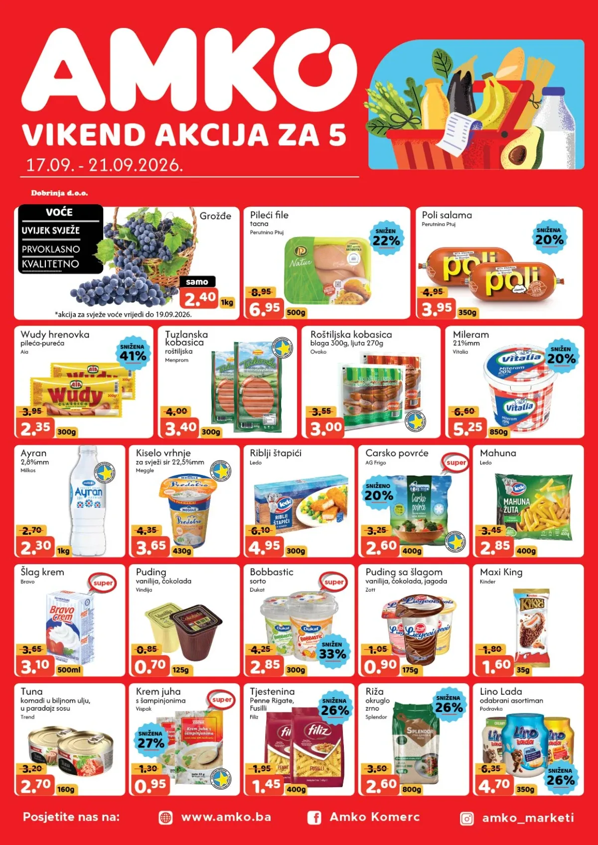 AMKO vikend akcija od 17.09. do 21.09.2026. – grožđe, pileći file, suhomesnati i mliječni proizvodi sniženi do 41%