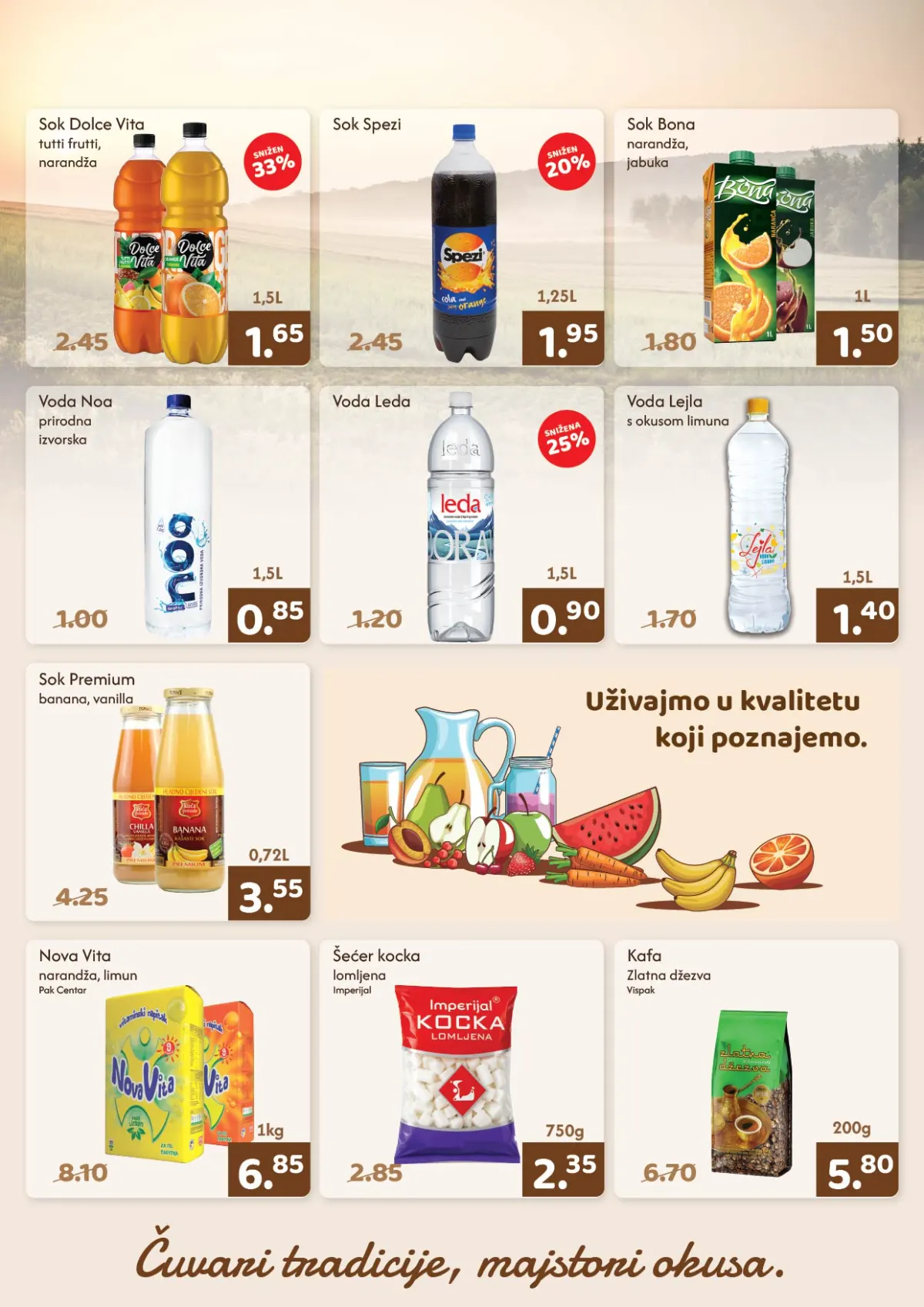 AMKO katalog stranica 6 – Dolce Vita, Spezi i Bona sokovi, Noa i Leda voda, Nova Vita, šećer u kocki i kafa Zlatna džezva