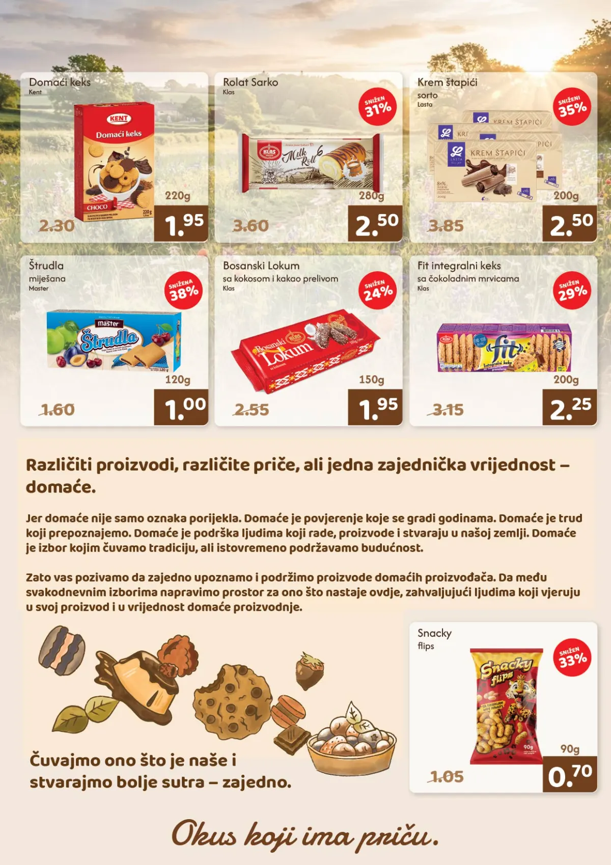 AMKO katalog stranica 7 – Kent domaći keks, Klas rolat Šarko, Lasta krem štapići, Master štrudla, Bosanski lokum i Snacky flips