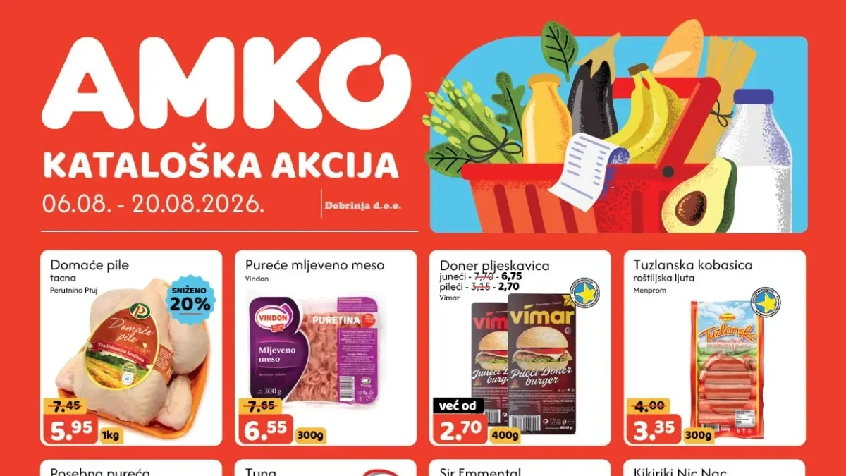 AMKO katalog do 20.08.2026. donosi popuste do 56% na prehranu, meso, mliječne proizvode, piće, slatkiše i kućne potrepštine.