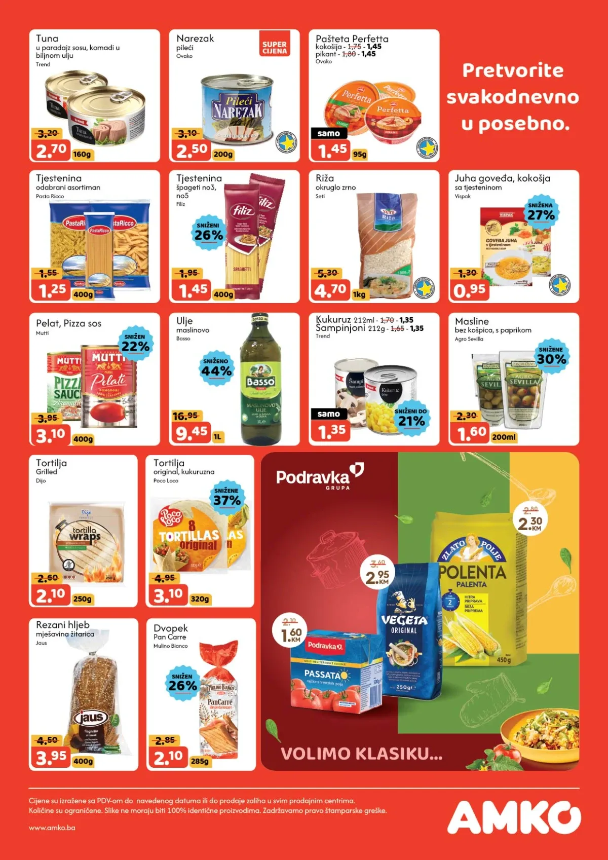 AMKO katalog do 20.08.2026. – tjestenina, riža, maslinovo ulje, pelat, tortilje, hljeb i začini na akciji