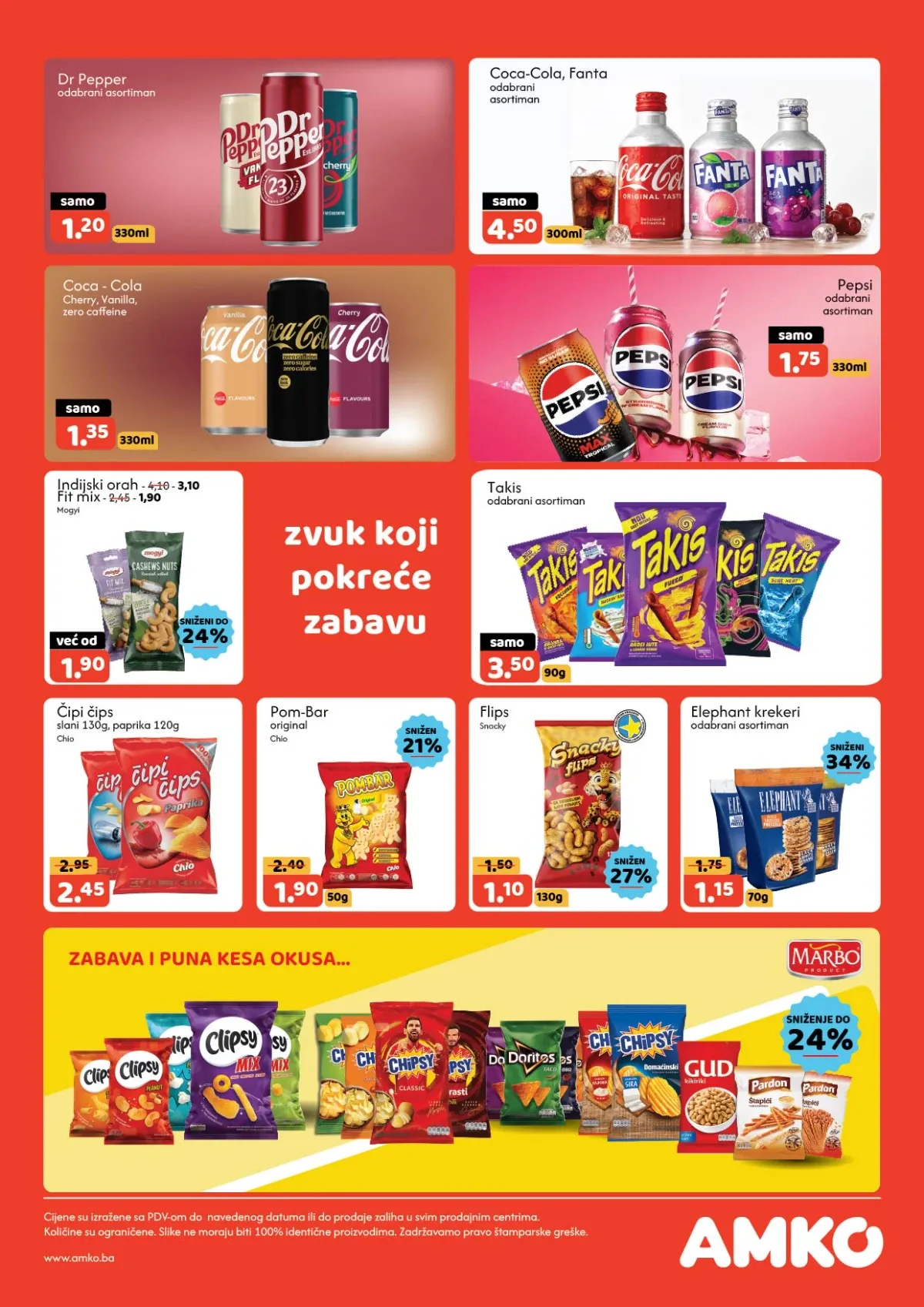 AMKO katalog do 20.08.2026. – gazirana pića, čips, flips, krekeri, orašasti plodovi i grickalice na akciji