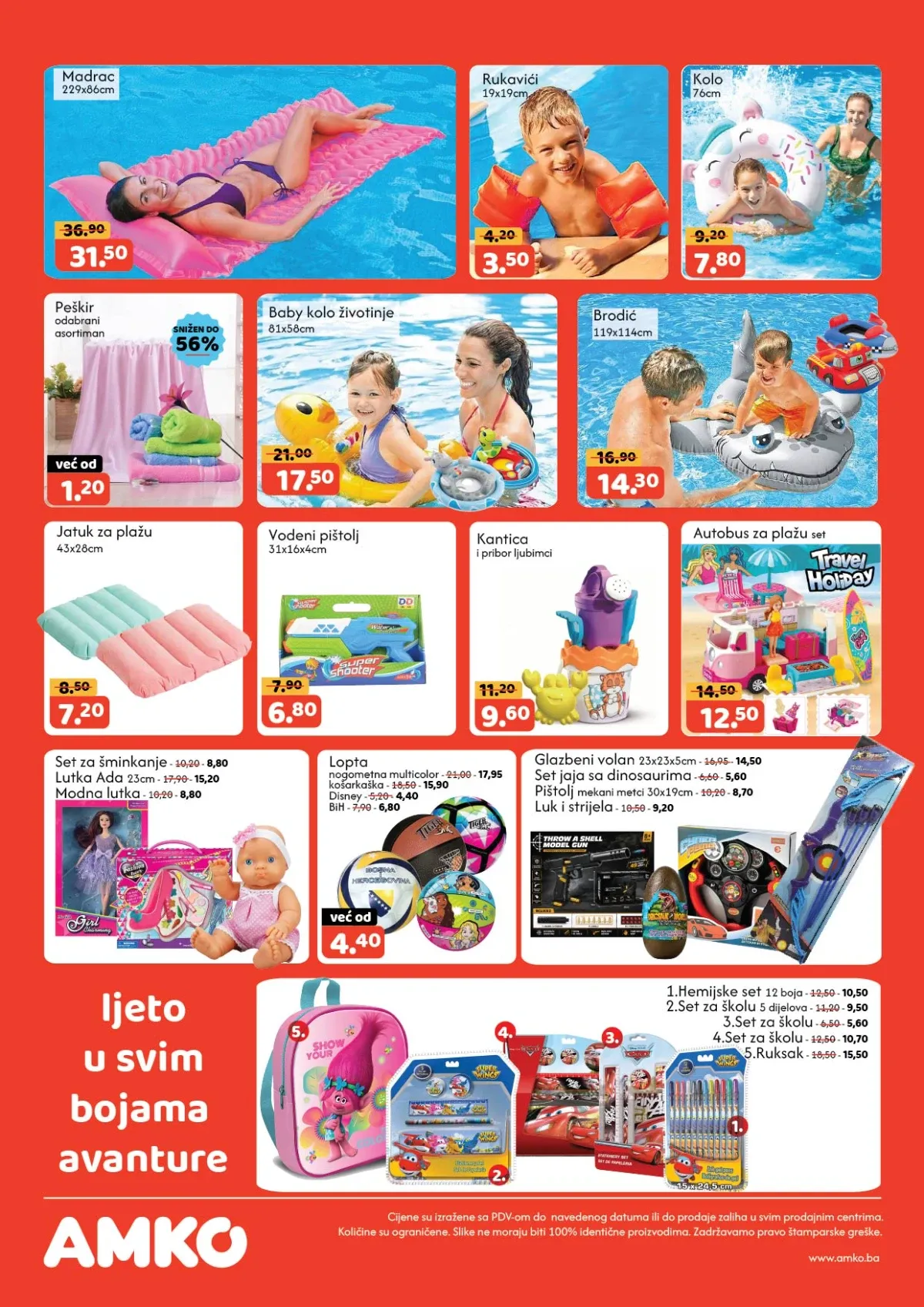 AMKO katalog do 20.08.2026. – madraci, šlaufi, peškiri, igračke za plažu, školski pribor i dječije igračke