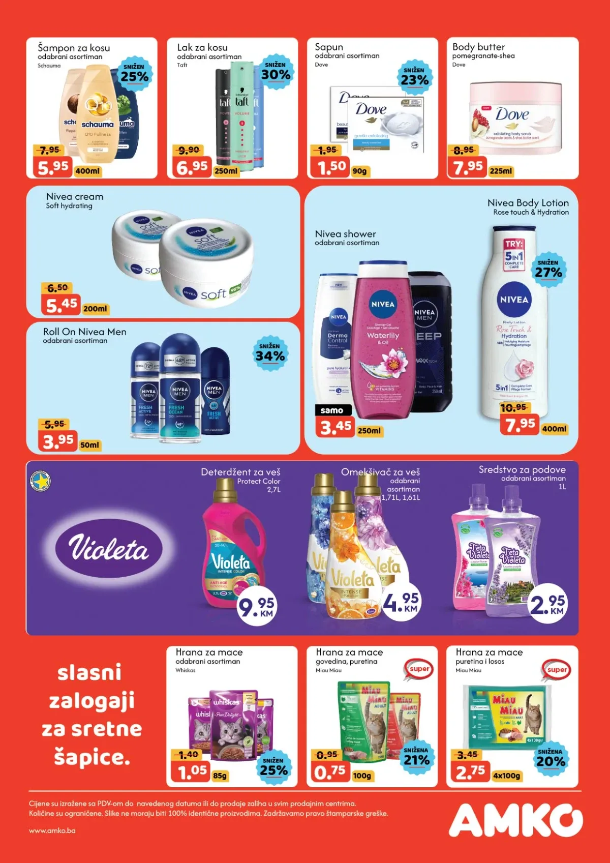 AMKO katalog do 20.08.2026. – šamponi, lakovi za kosu, sapuni, kreme, dezodoransi, deterdženti i hrana za mačke