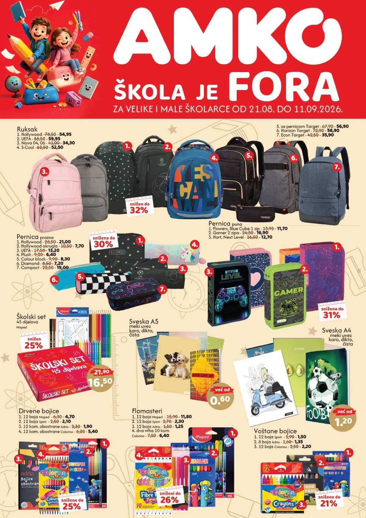 AMKO školska akcija od 21.08. do 11.09.2026. – ruksaci, pernice, sveske, bojice i školski pribor sniženi do 40%