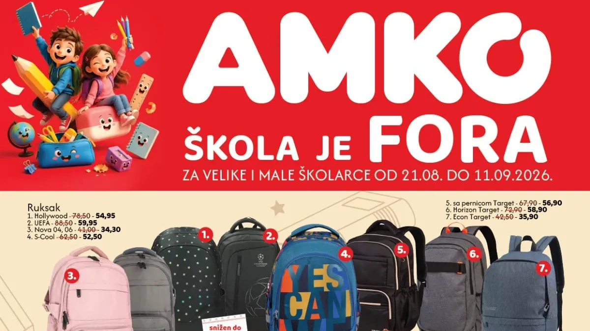 AMKO školska akcija od 21.08. do 11.09.2026. – ruksaci, pernice, sveske, bojice i školski pribor sniženi do 40%