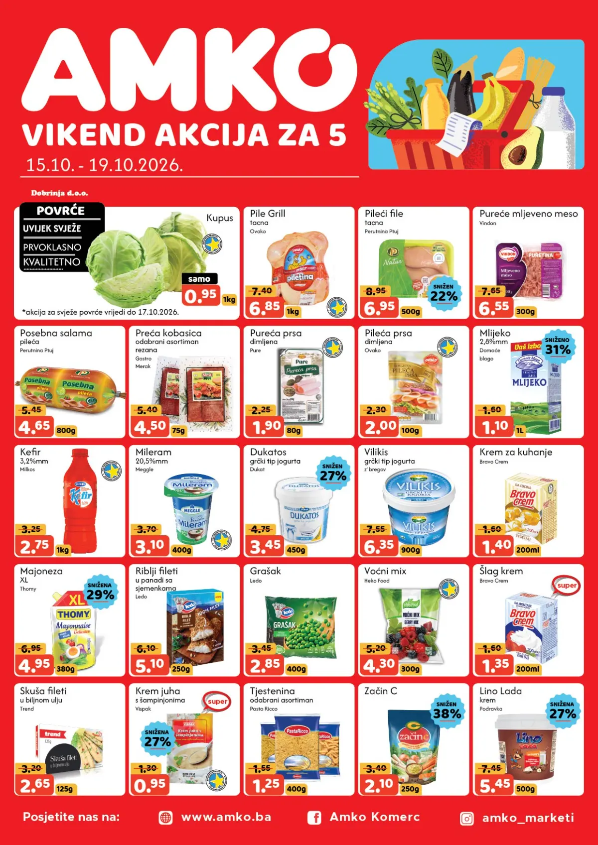 AMKO vikend akcija od 15. do 19.10.2026. – kupus 0,95 KM/kg, pileći batak 6,85 KM/kg, mlijeko 1,10 KM i majoneza 4,95 KM