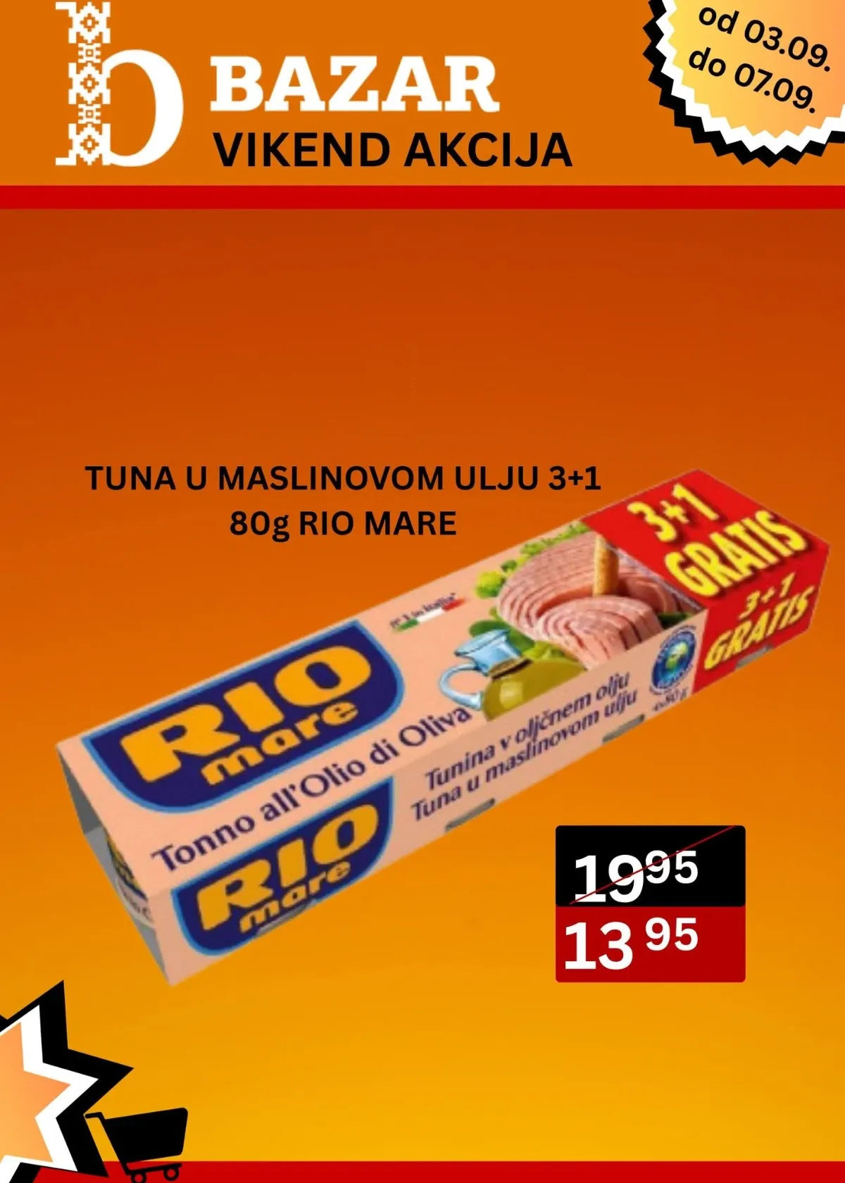 Rio Mare tuna u maslinovom ulju 3+1 od 80 g snižena sa 19,95 KM na 13,95 KM
