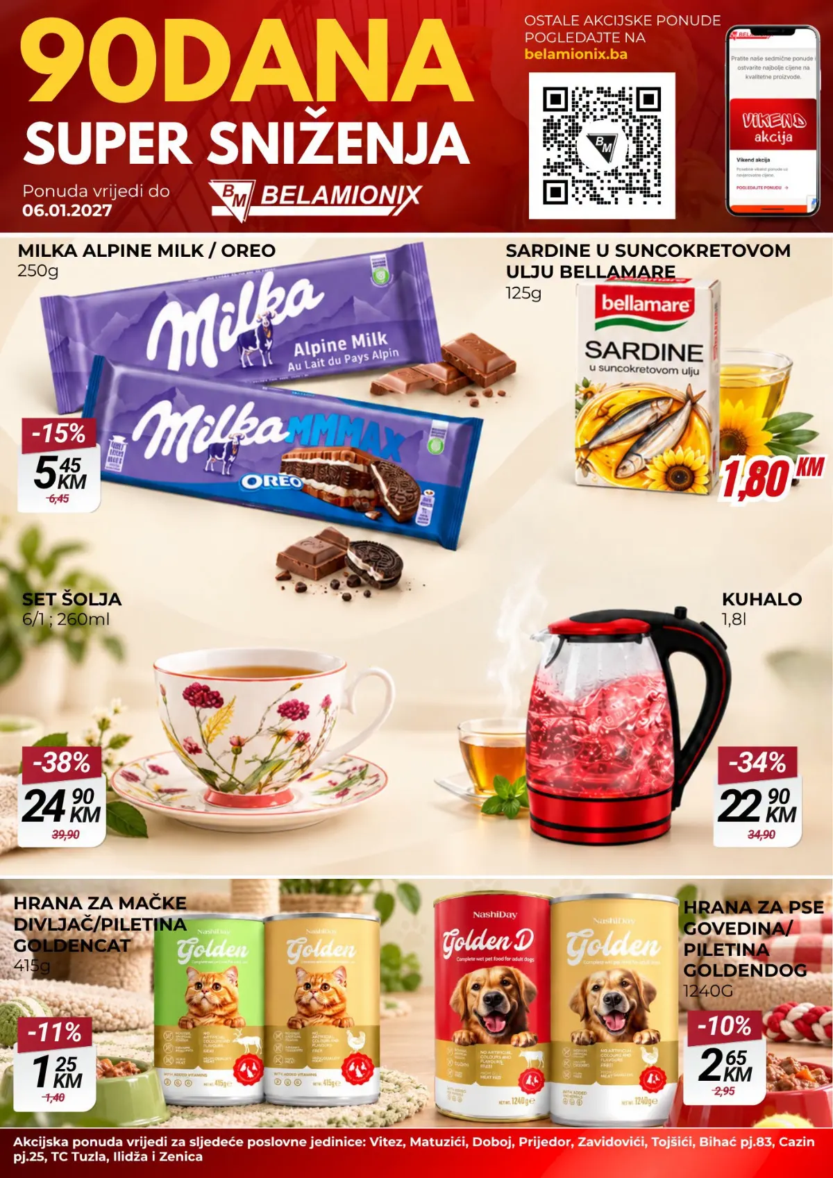 Belamionix katalog do 6.1.2027. – Milka čokolada 250 g za 5,45 KM, Bellamare sardine 125 g za 1,80 KM, set šolja za 24,90 KM i kuhalo za 22,90 KM