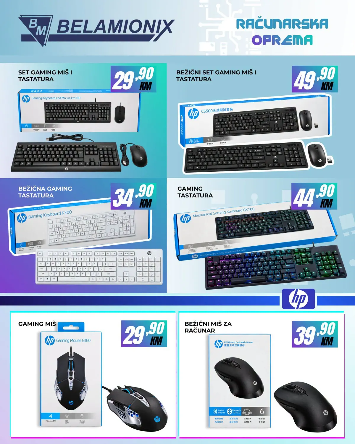 Belamionix računarska oprema – HP set tastature i miša 29,90 KM, bežična tastatura 34,90 KM i gaming tastatura 44,90 KM