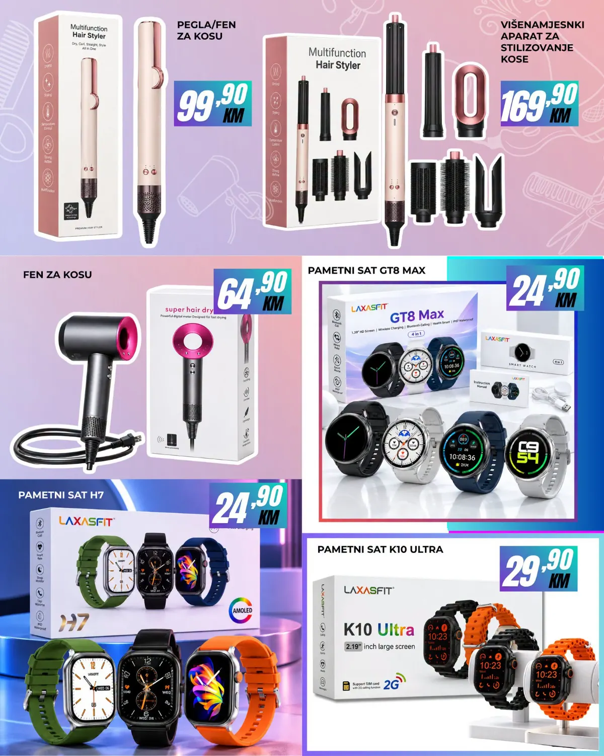 Belamionix ponuda – pametni satovi H7 i GT8 Max po 24,90 KM, sat K10 Ultra 29,90 KM i fen za kosu 64,90 KM