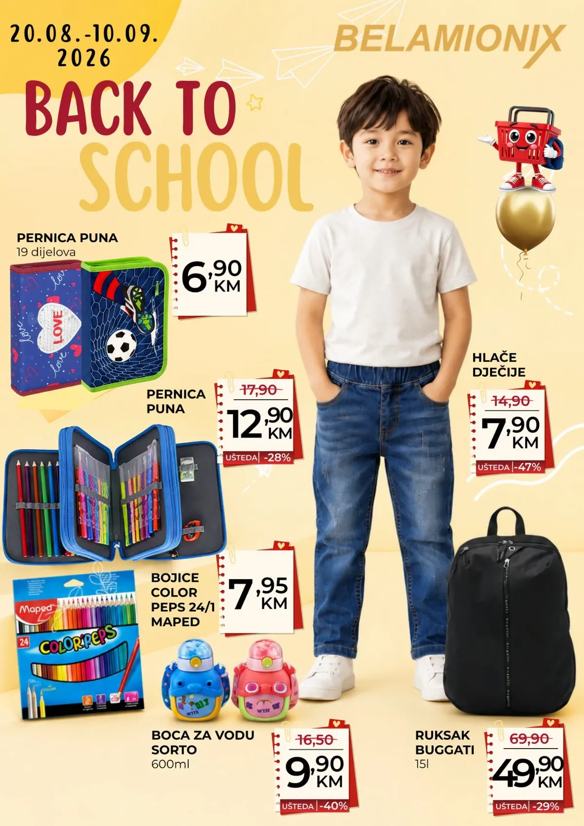Belamionix Back to School akcija do 10.09.2026. – pernice, bojice, školski ruksak i dječije hlače uz popuste do 47%