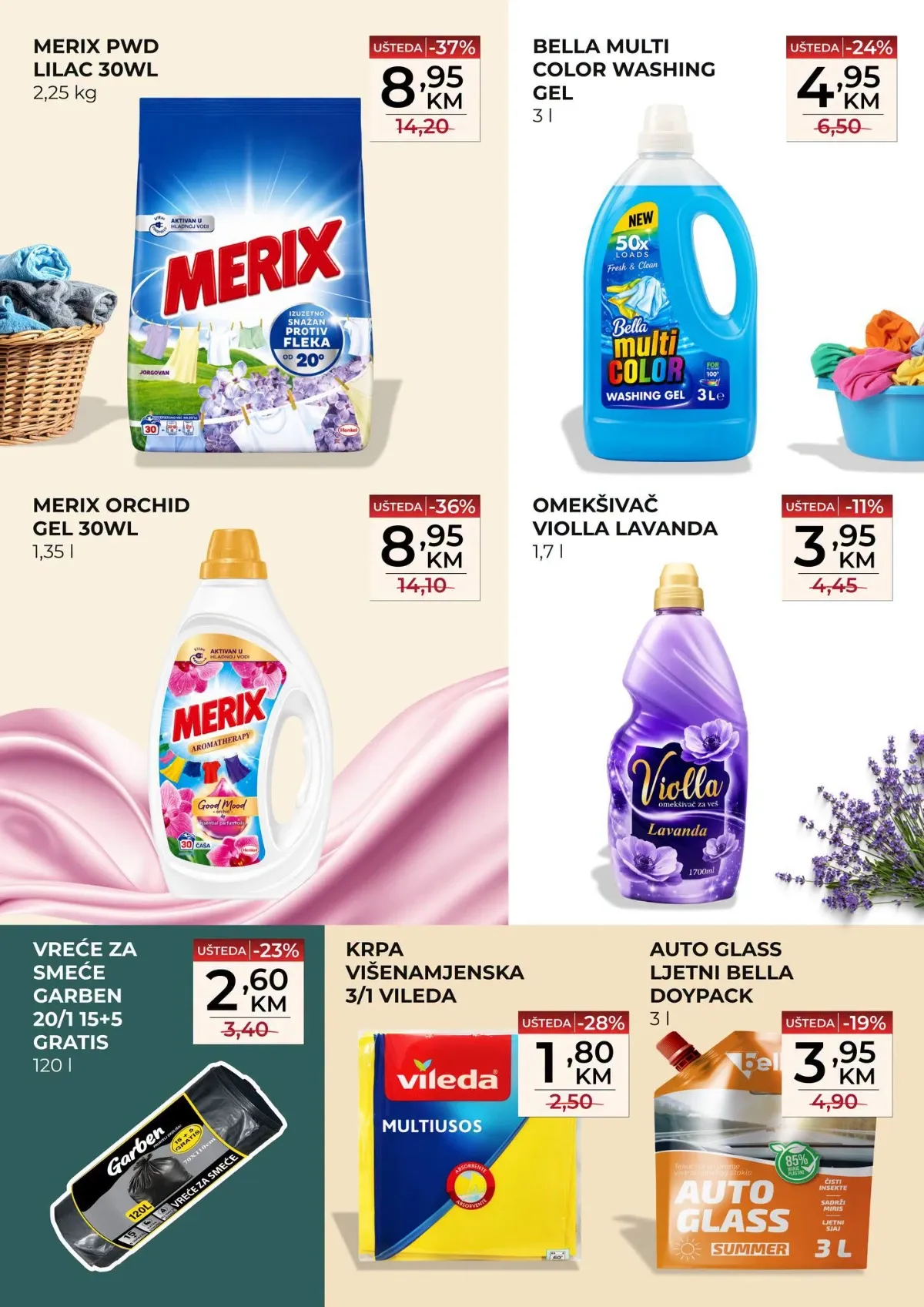 Belamionix Super vikend – Merix deterdženti, Bella gel za veš, omekšivač, Vileda krpa i vreće za smeće