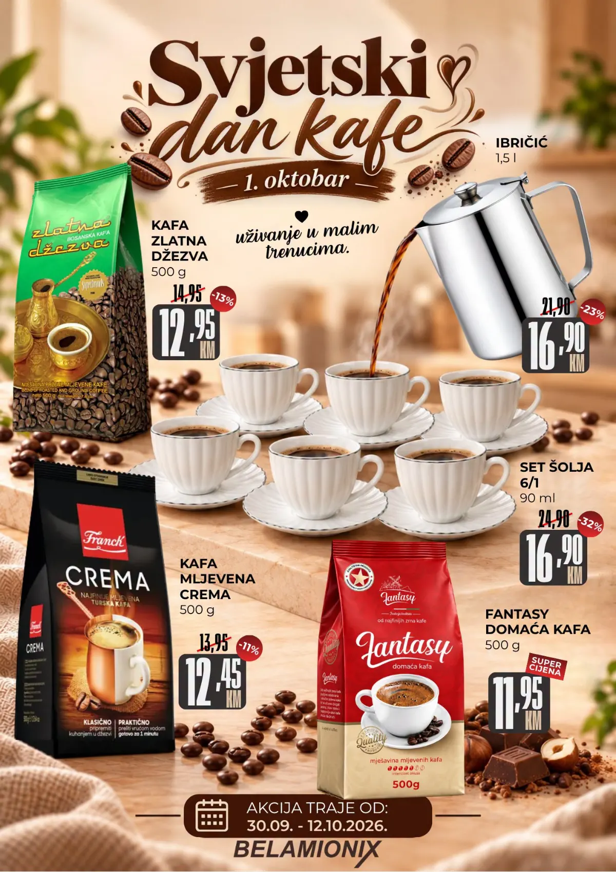 Belamionix Svjetski dan kafe od 30.09. do 12.10.2026. – Zlatna džezva, Franck Crema, Fantasy kafa, ibrici i setovi šolja na akciji
