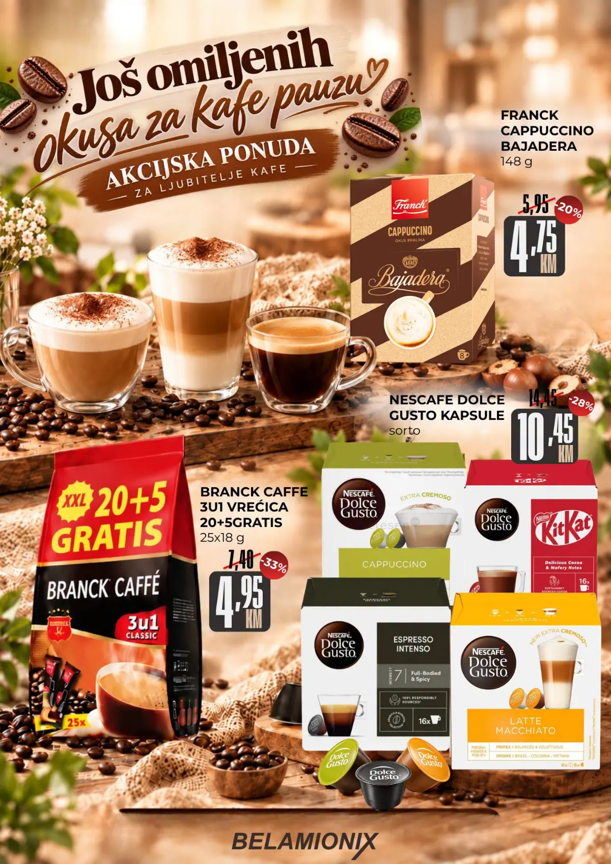 Belamionix akcija za Svjetski dan kafe – Franck Cappuccino Bajadera, Branck Caffe 3u1 i Nescafe Dolce Gusto kapsule