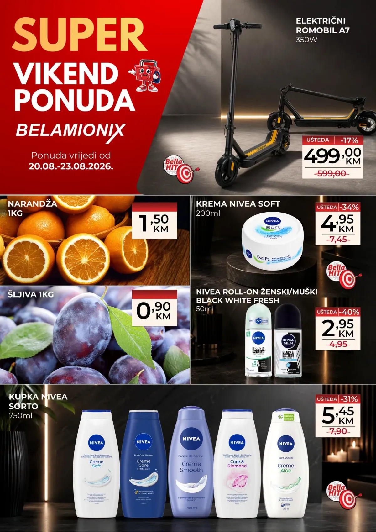 Belamionix Super vikend ponuda od 20.08. do 23.08.2026. – električni romobil A7, narandže, šljive i Nivea proizvodi po akcijskim cijenama