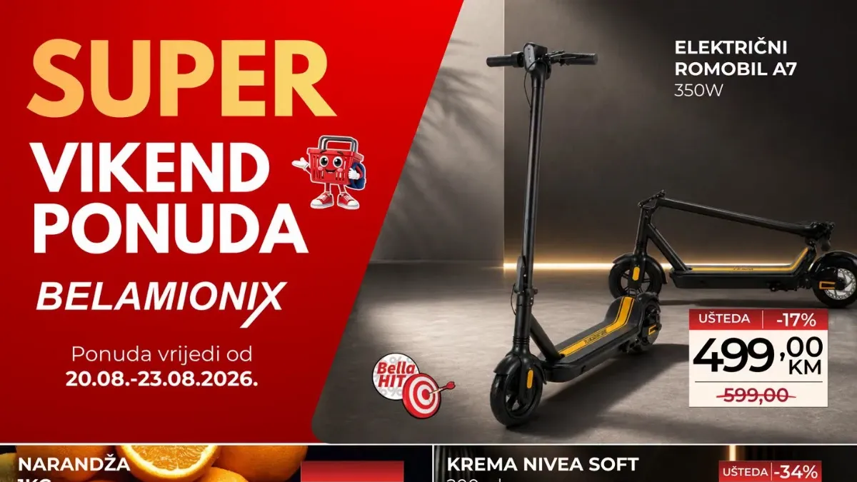 Belamionix Super vikend ponuda od 20.08. do 23.08.2026. – popusti do 56% na hranu, piće, kozmetiku, kućnu hemiju i električni romobil