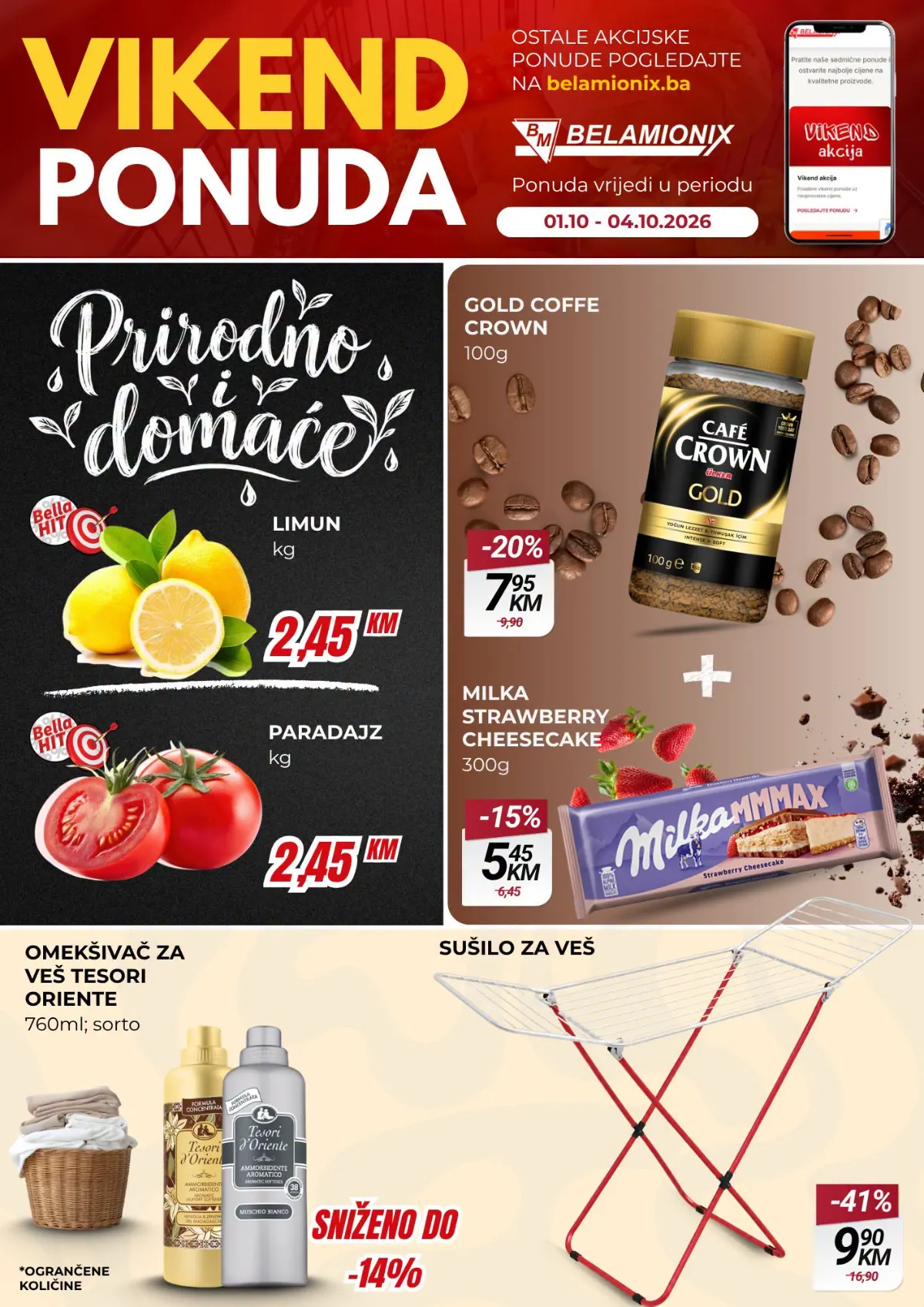 Belamionix vikend akcija od 01. do 04.10.2026. – limun, paradajz, Gold Caffe Crown, Milka čokolada, omekšivač i sušilo za veš po sniženim cijenama