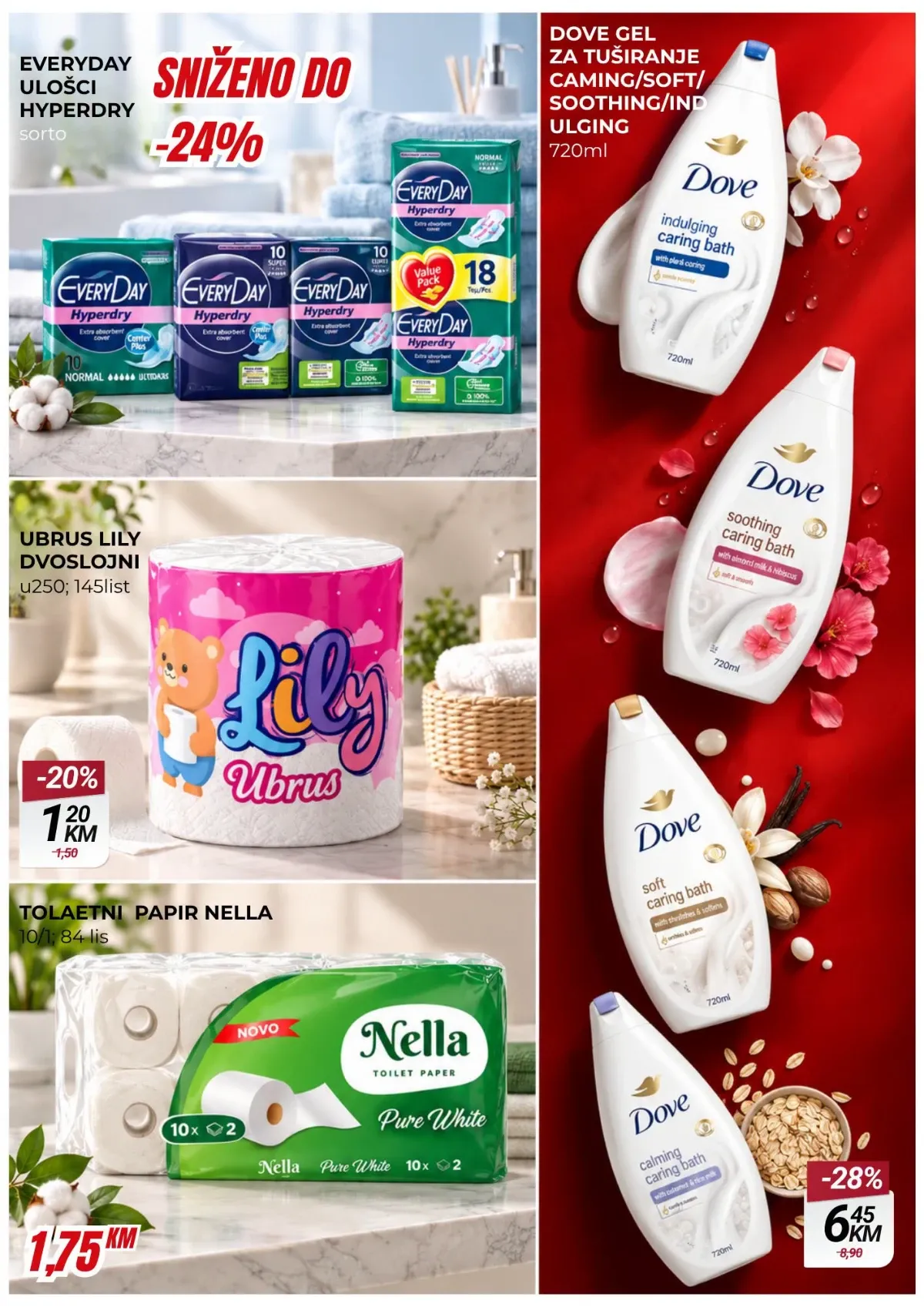 Belamionix vikend akcija – Everyday ulošci, Lily ubrusi, Nella toaletni papir i Dove gelovi za tuširanje