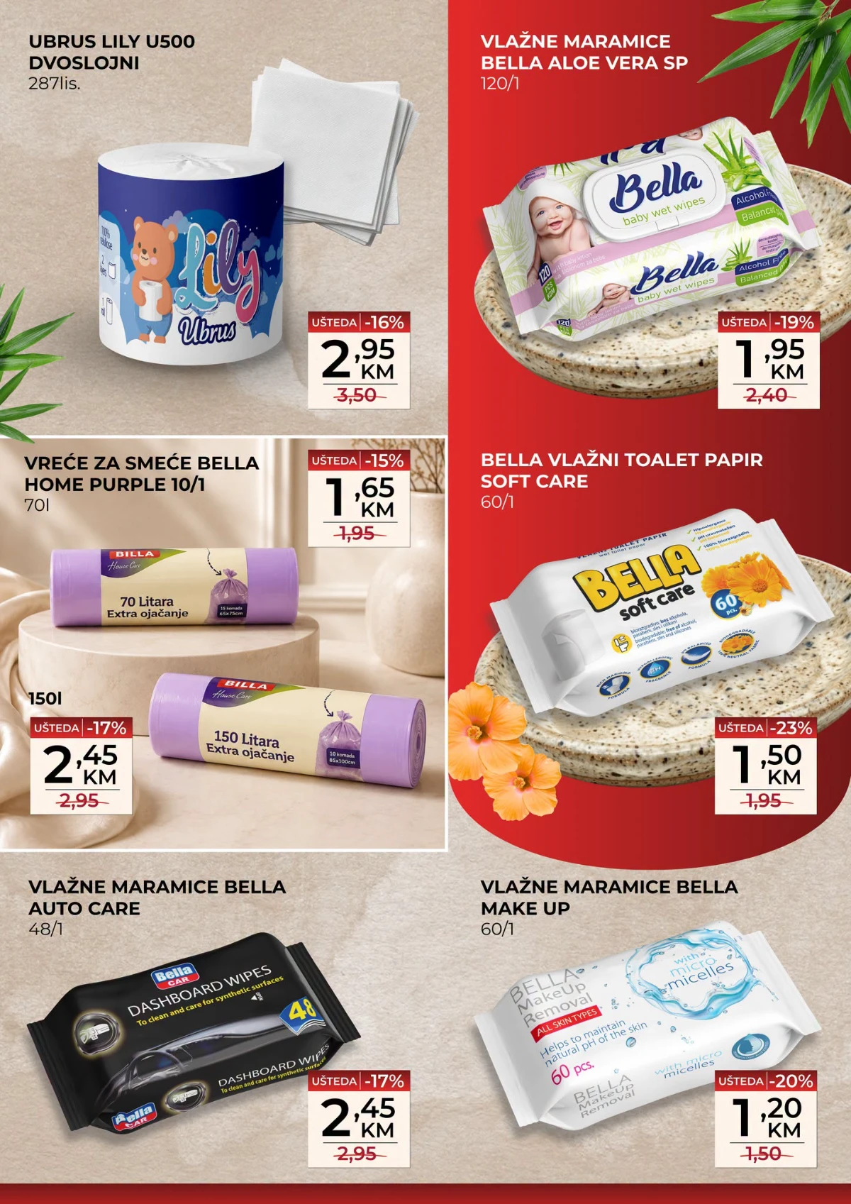Belamionix vikend akcija do 16.08.2026. – Bella vlažne maramice, vlažni toalet papir, Lily ubrus i vreće za smeće