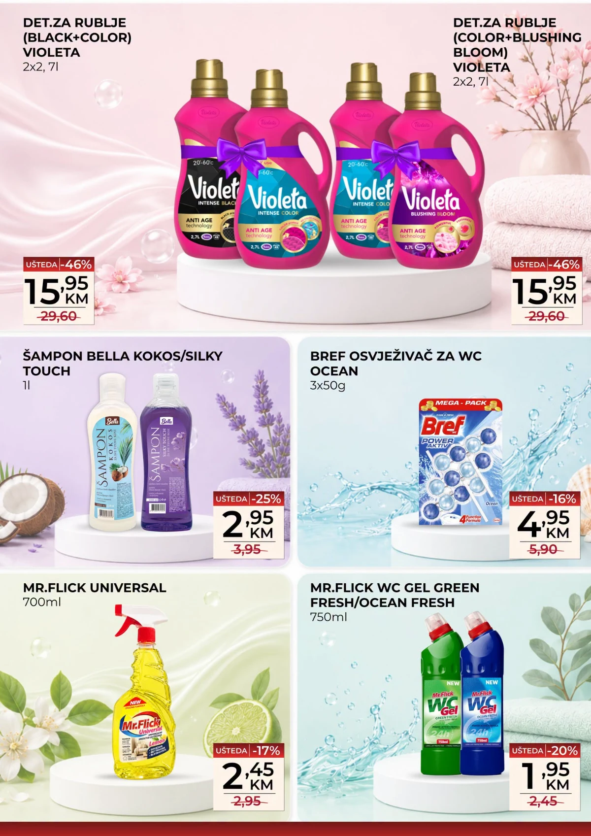 Belamionix vikend akcija do 16.08.2026. – Violeta deterdžent, Bella šampon, Bref osvježivač, Mr. Flick sredstva za čišćenje