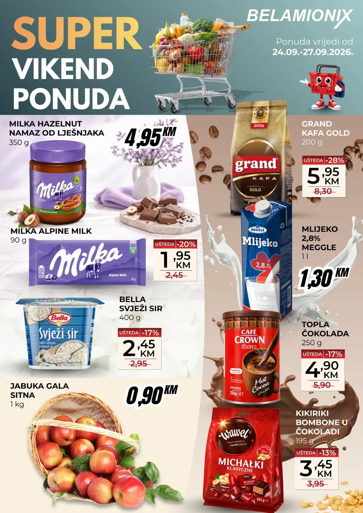 Belamionix SUPER VIKEND akcija od 24.09. do 27.09.2026. – Milka namaz i čokolada, Grand kafa, Meggle mlijeko, sir, slatkiši i voće po akcijskim cijenama