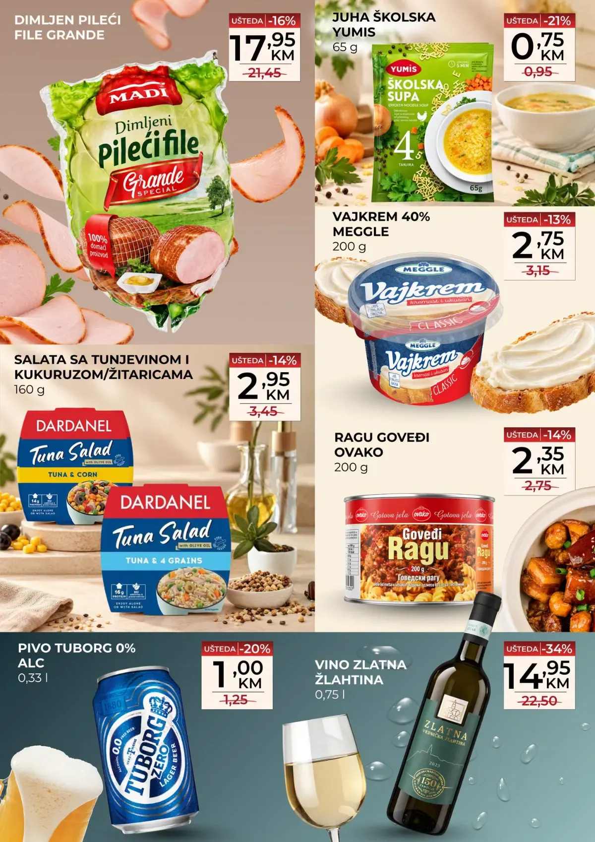 Belamionix SUPER VIKEND – dimljeni pileći file Madi, Dardanel tuna salata, Meggle Vajkrem, školska supa, Tuborg 0% i vino Zlatna Žlahtina