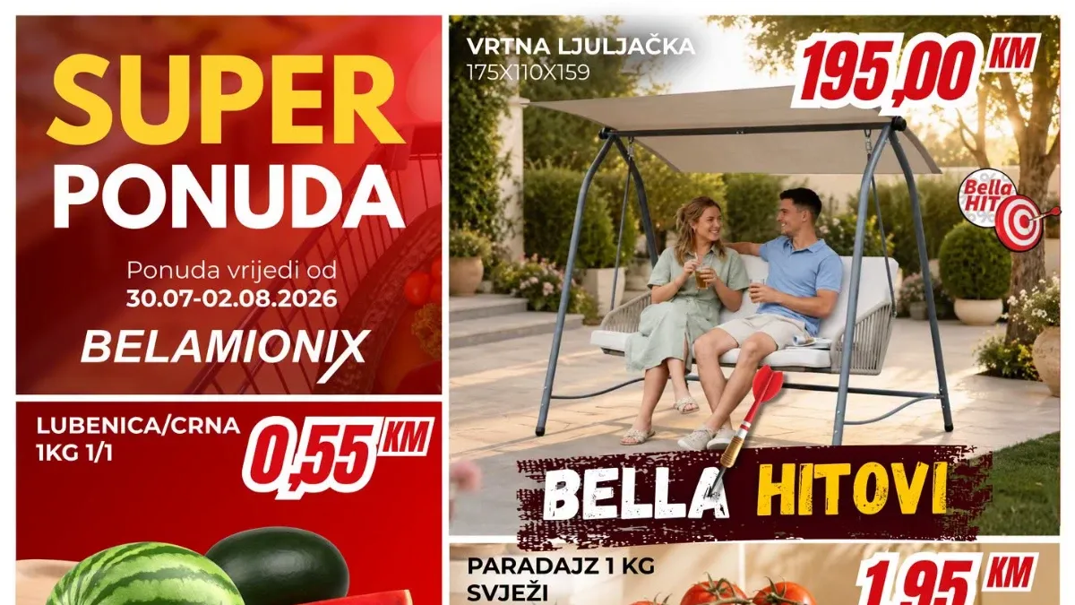 Belamionix SUPER ponuda do 02.08.2026. – Bella HIT cijene na lubenicu, paradajz, Lotus Biscoff, Red Bull i Delicato sladoled.