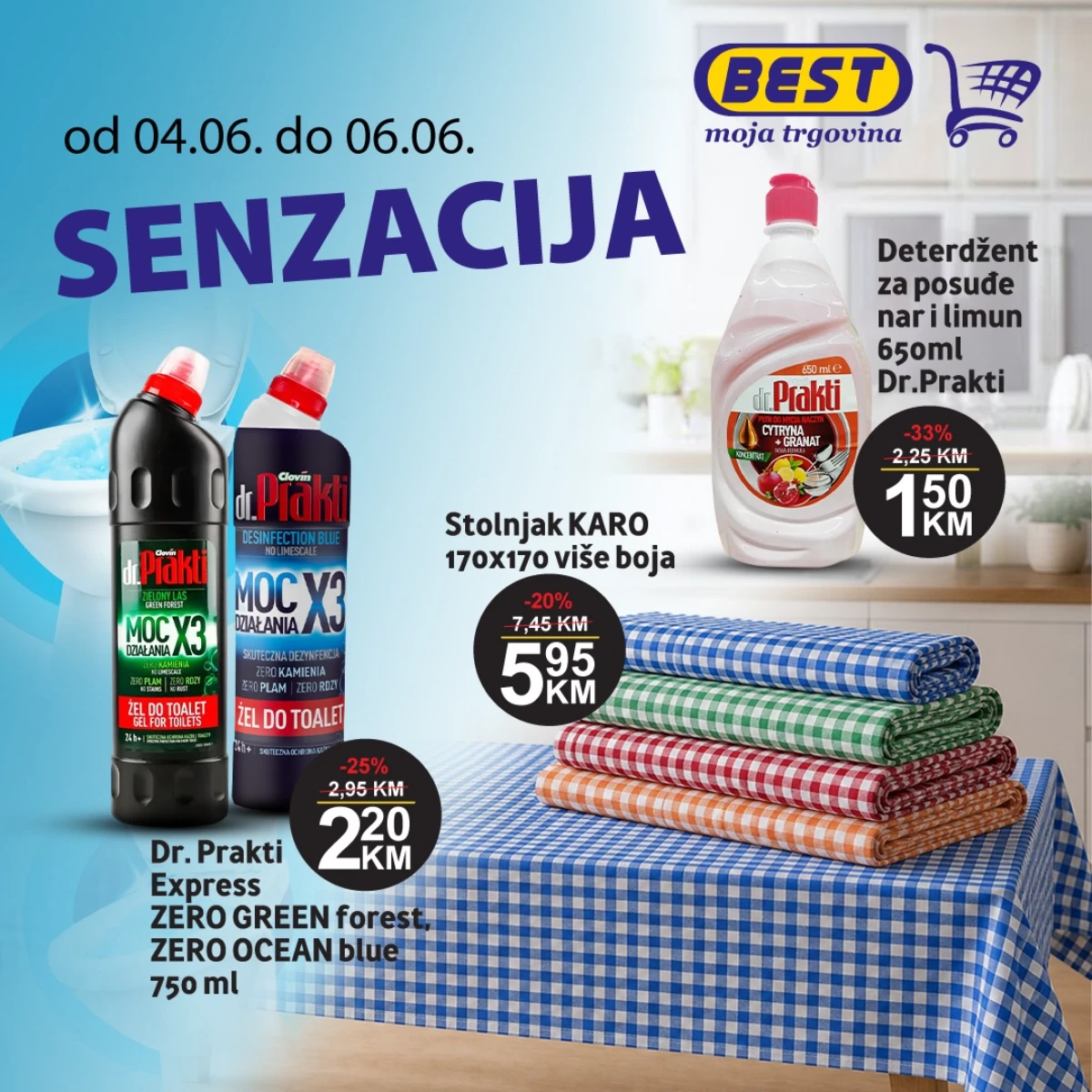 BEST Senzacija akcija do 06.06.2026 – Dr. Prakti deterdžent za posuđe, Dr. Prakti gel za toalete i stolnjaci na sniženju