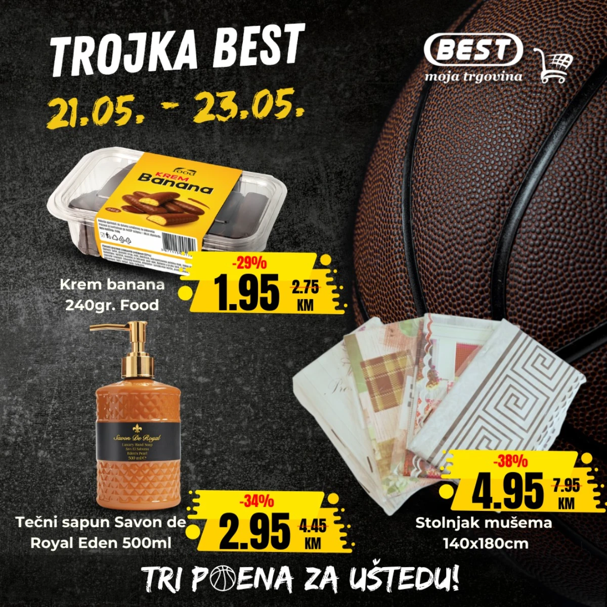 BEST Trojka akcija 21–23.05.2026 krem banana, tečni sapun i stolnjaci uz sniženja do 38%