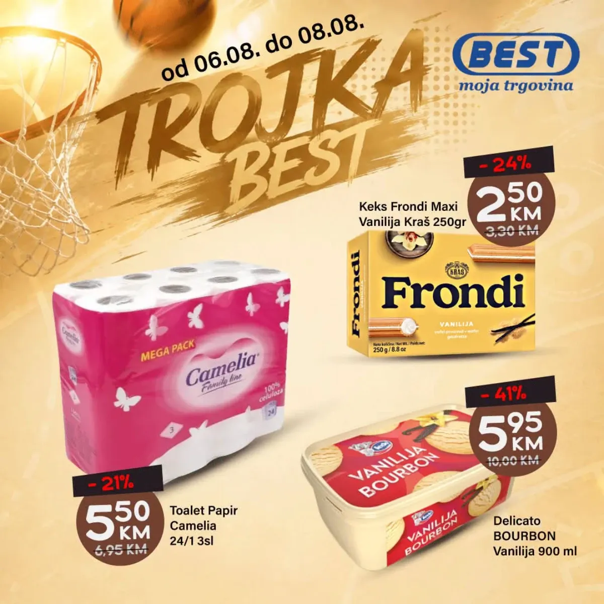 BEST Trojka akcija do 08.08.2026. – Frondi Maxi keks, Delicato Bourbon sladoled i Camelia toalet papir po sniženim cijenama