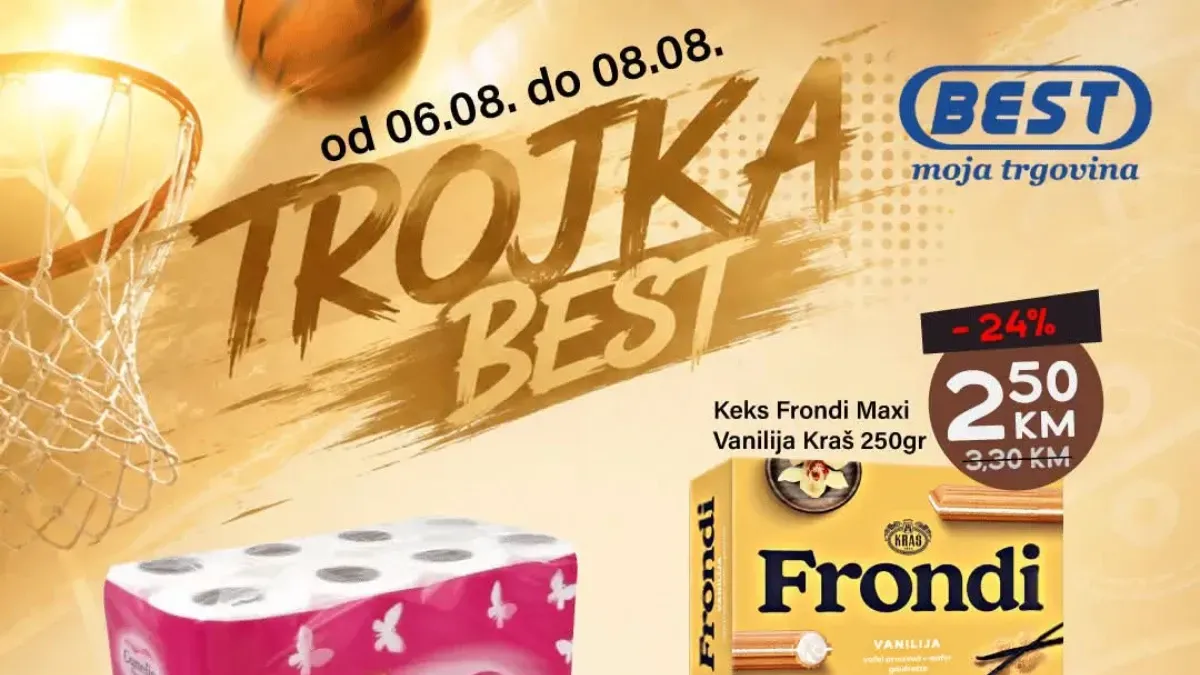 BEST Trojka akcija od 06.08. do 08.08.2026. donosi Camelia toalet papir, Frondi Maxi vanilija keks i Delicato Bourbon sladoled po sniženim cijenama
