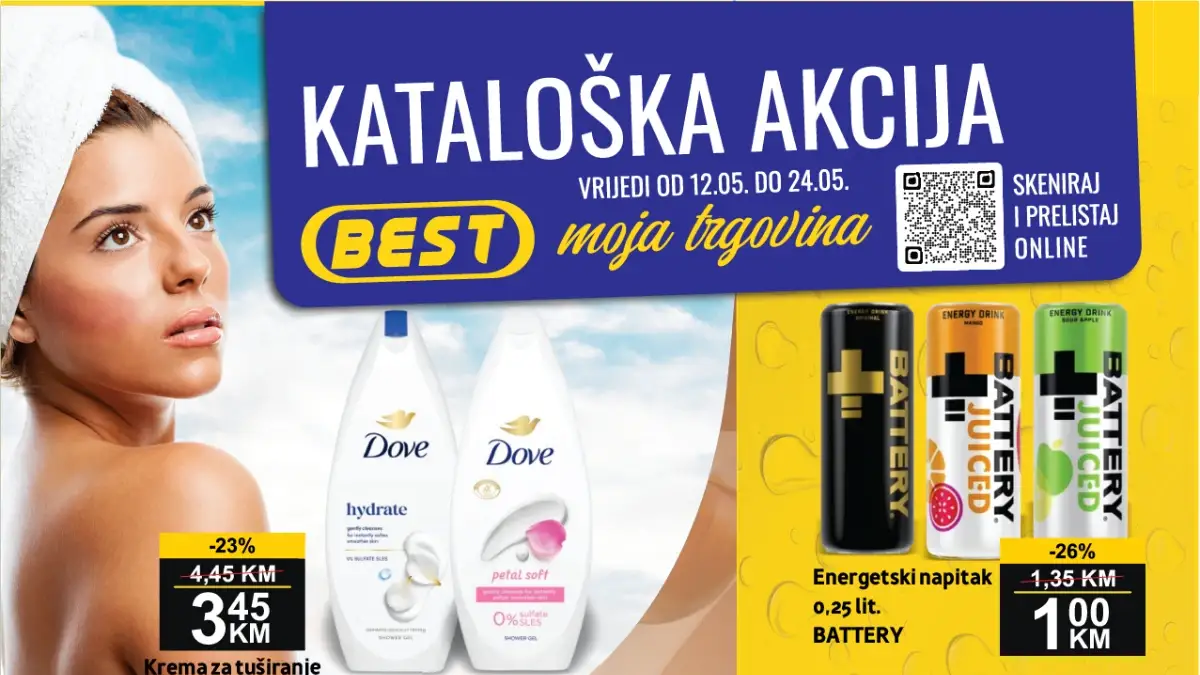 BEST kataloška akcija do 24.05.2026 – Dove 3,45 KM, Lino Lada 4,75 KM i Battery 1 KM BEST katalog akcija maj 2026 – Dove gel 3,45 KM, Lino Lada 4,75 KM, smrznuta peciva i piće po sniženim cijenama do 24.05.2026