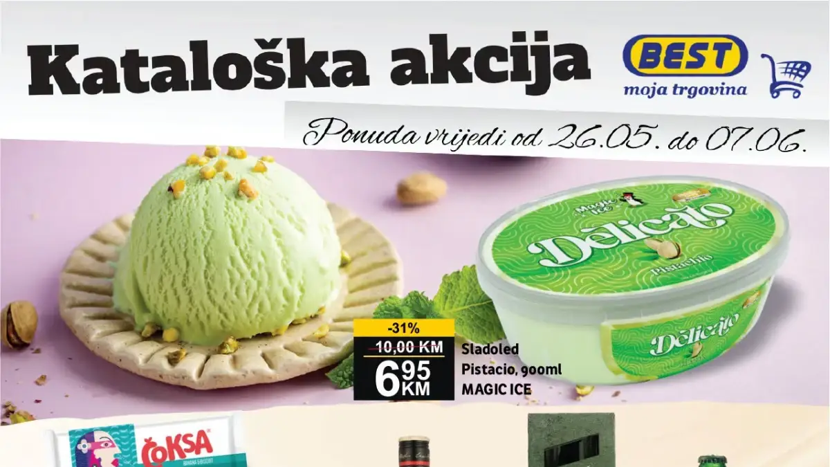 BEST katalog akcija do 07.06.2026 – sladoledi, kafa, sokovi i kućna hemija po nižim cijenama BEST katalog akcija 26.05–07.06.2026 – sladoled 6,95 KM, Duel deterdžent 9,95 KM, Poli salama i kafa na sniženju