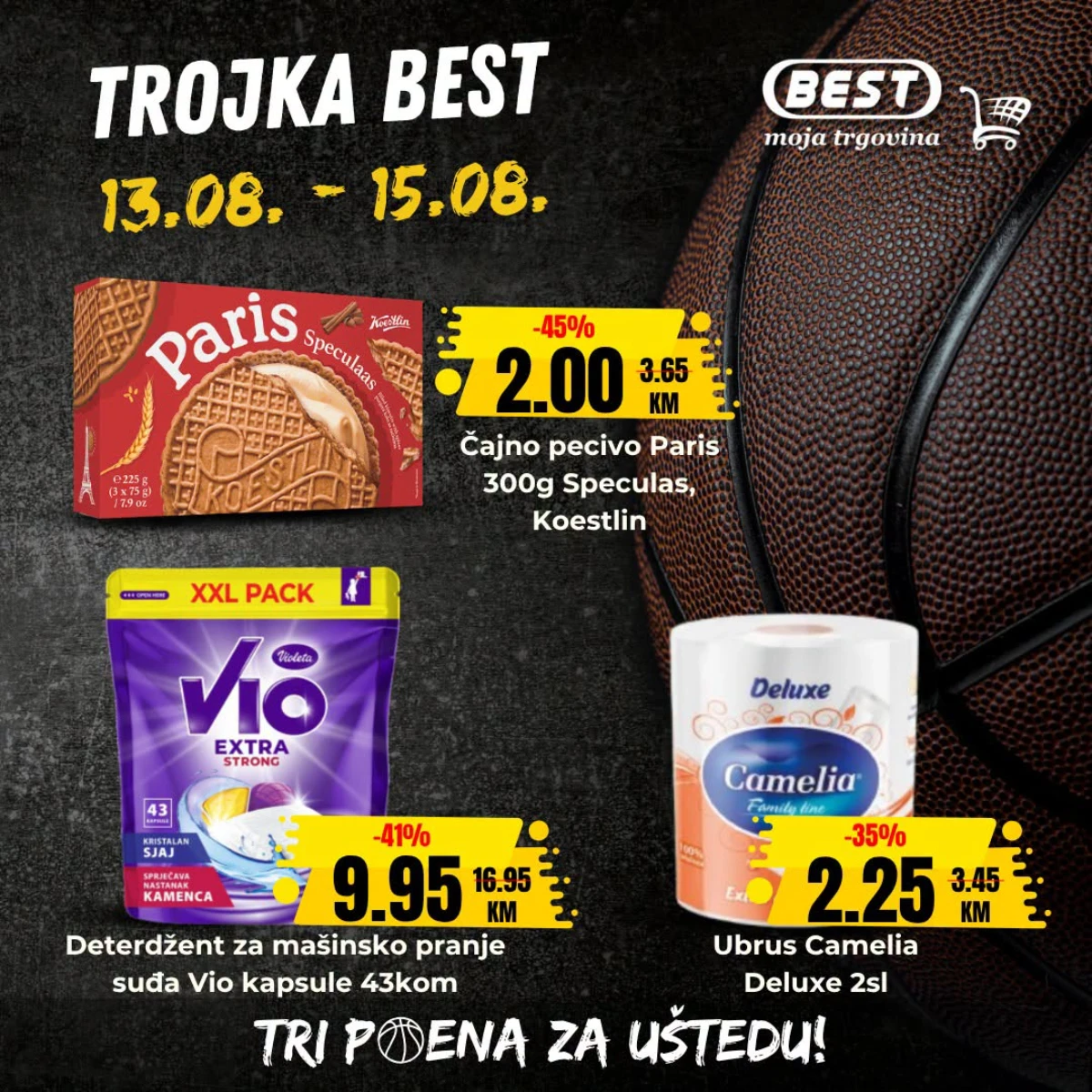 Trojka BEST od 13.08. do 15.08.2026. – Paris Speculaas čajno pecivo, Vio kapsule za mašinsko pranje suđa i Camelia Deluxe ubrus uz popuste do 45%
