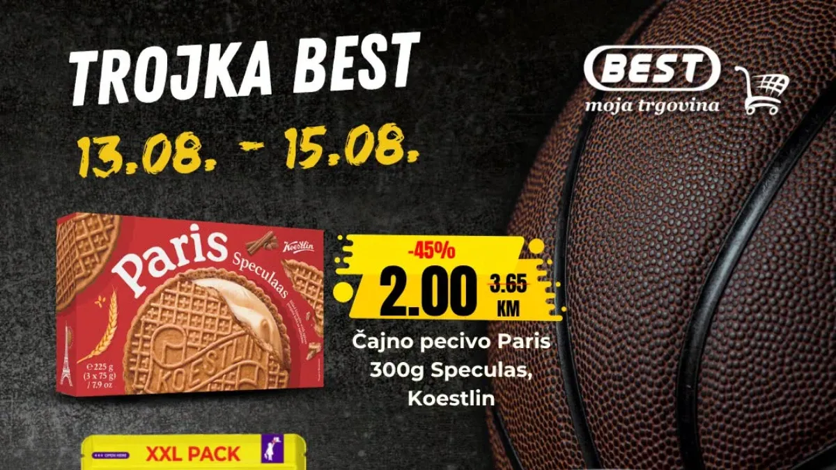 Trojka BEST akcija od 13.08. do 15.08.2026. donosi čajno pecivo Paris, Vio kapsule za mašinsko pranje suđa i Camelia Deluxe ubrus uz popuste do 45%