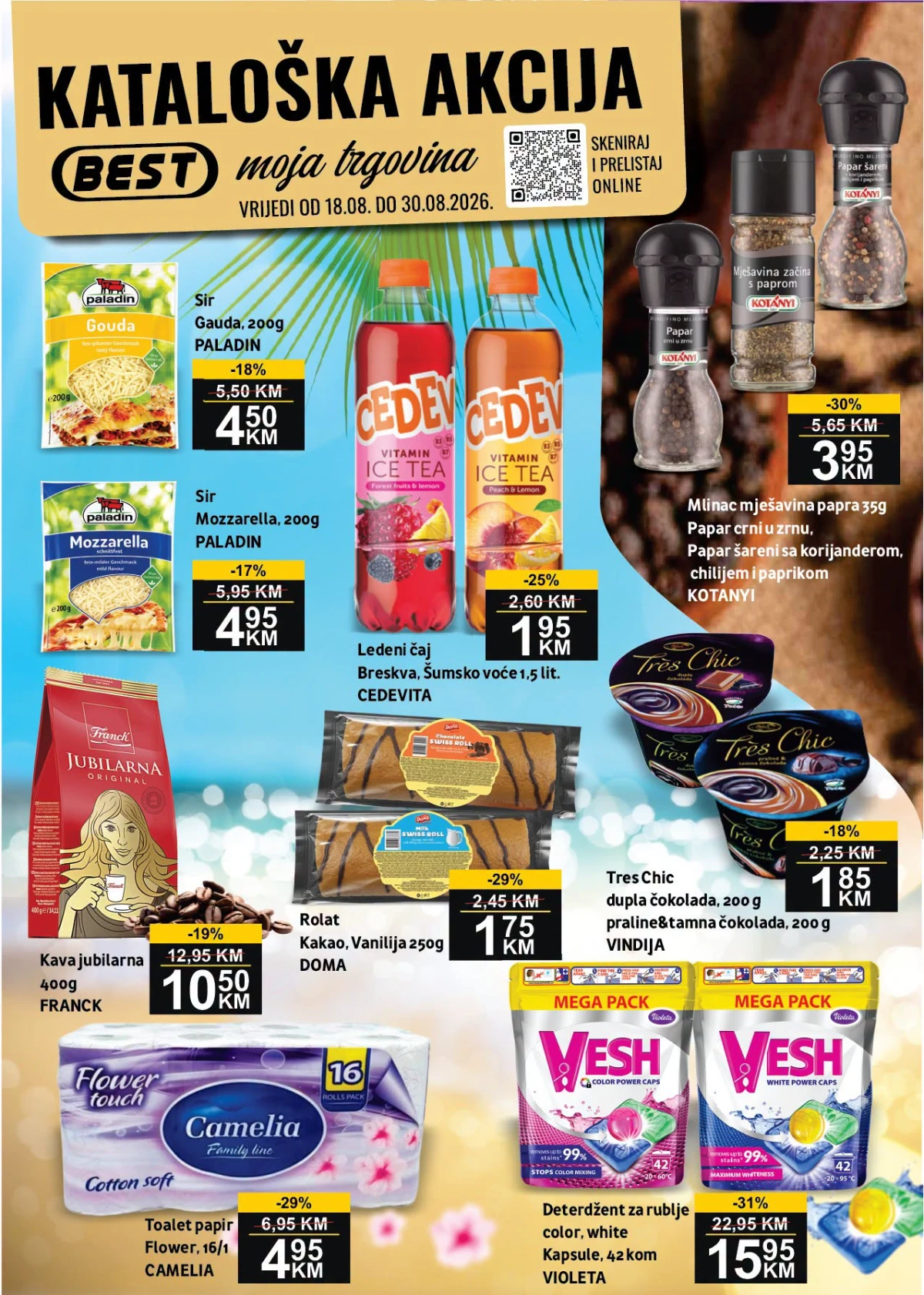 BEST katalog od 18.08. do 30.08.2026. donosi popuste do 46% na prehranu, suhomesnate proizvode, mliječni program, pića, slatkiše i proizvode za domaćinstvo.