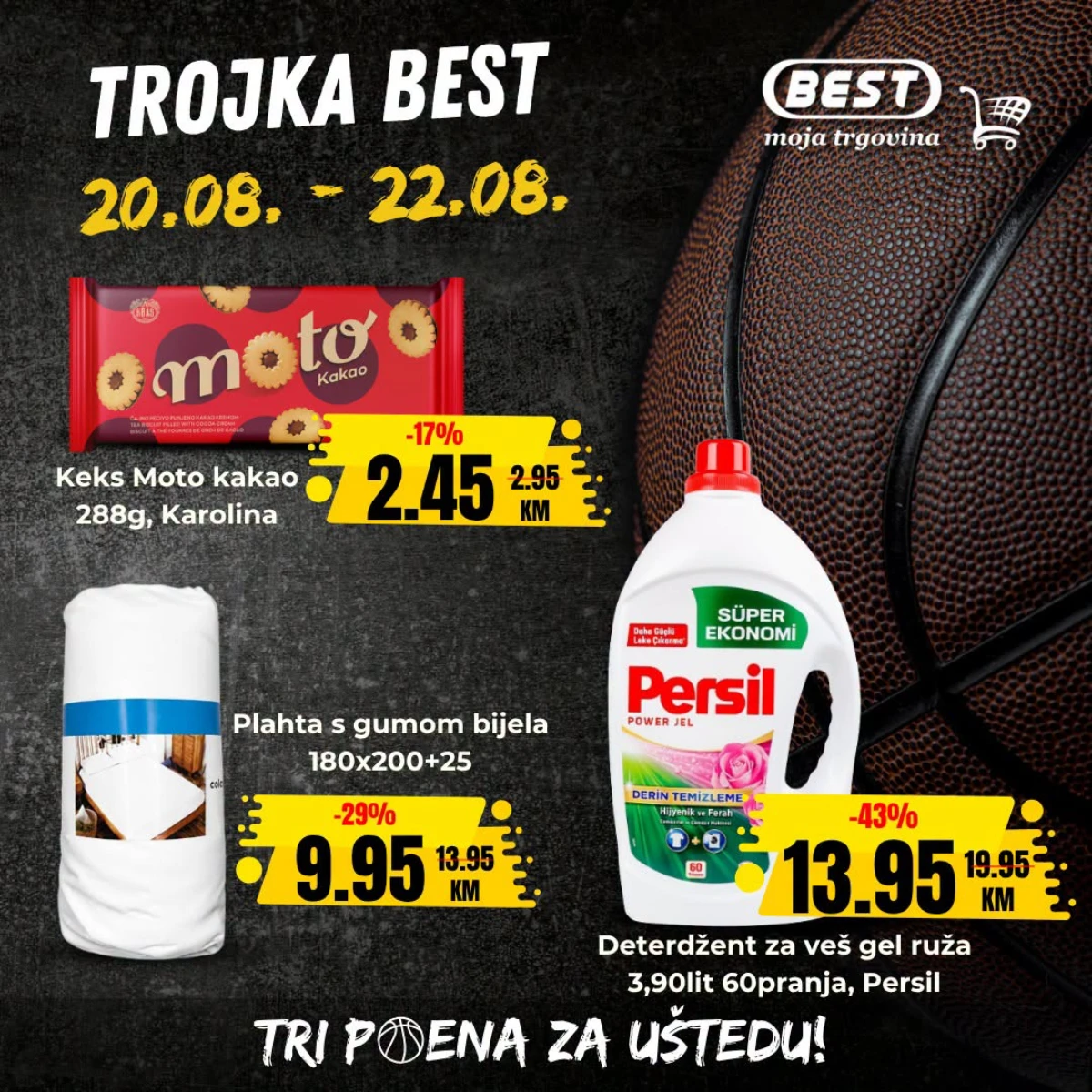 BEST Trojka akcija od 20.08. do 22.08.2026. – Persil gel za veš, plahta s gumom i Moto kakao keks po akcijskim cijenama