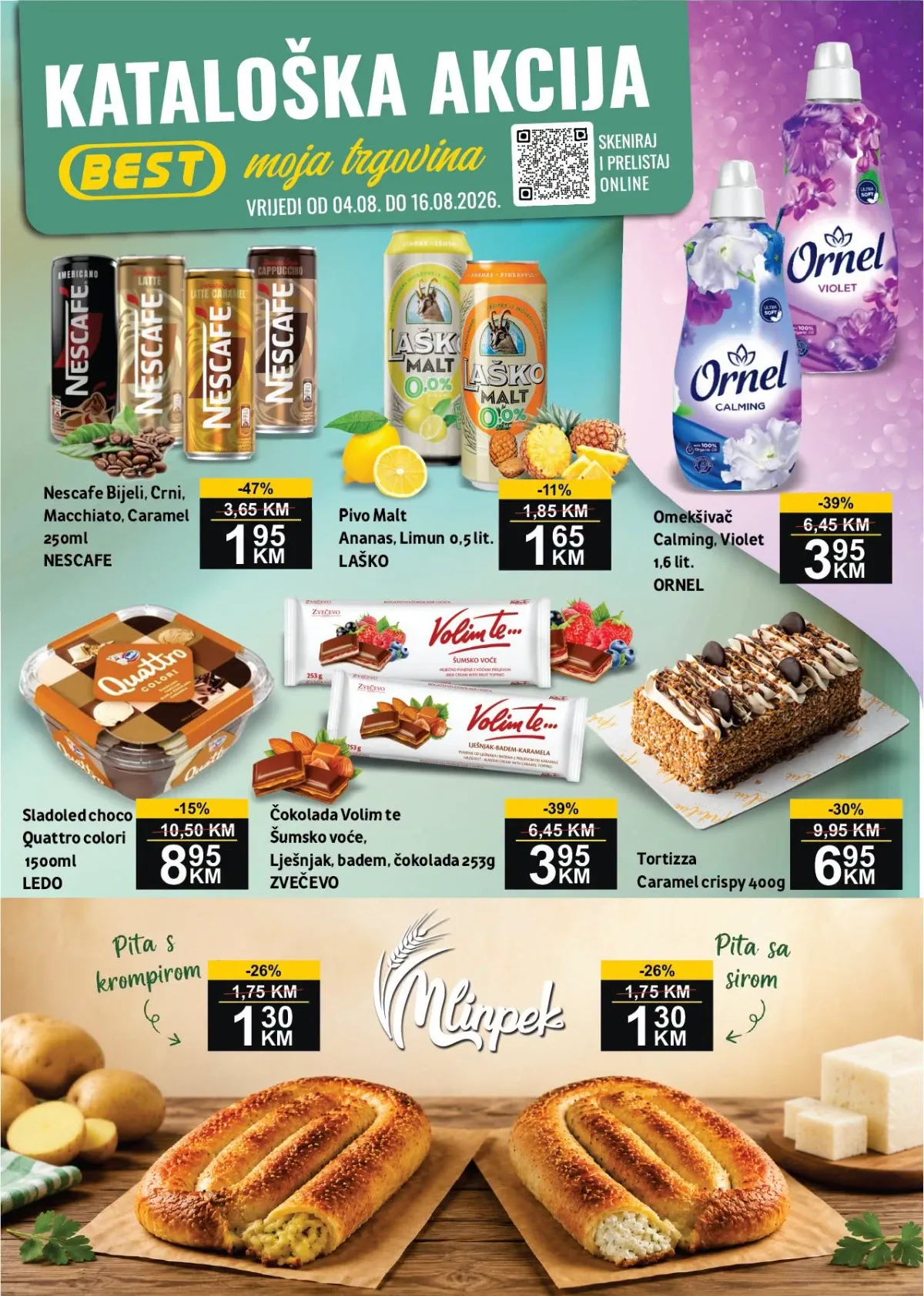 BEST katalog od 04.08. do 16.08.2026. donosi popuste do 47% na prehranu, kućnu hemiju, tehniku, pića, mliječne proizvode i proizvode za domaćinstvo.