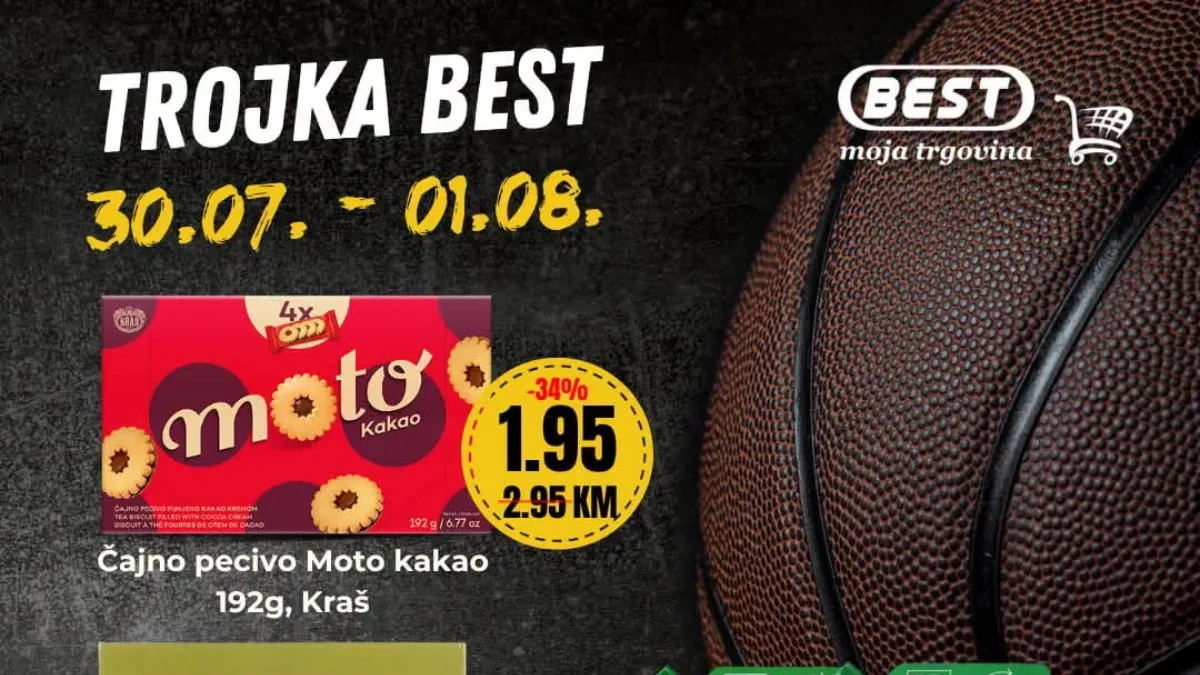 BEST Trojka akcija od 30.07. do 01.08.2026. donosi Moto kakao keks, Herbalis tečni sapun i kalup za kolače po sniženim cijenama