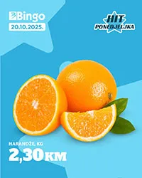 Bingo akcija – Hit ponedjeljka: naranče 2,30 KM/kg, sniženja za 20.10.2025.