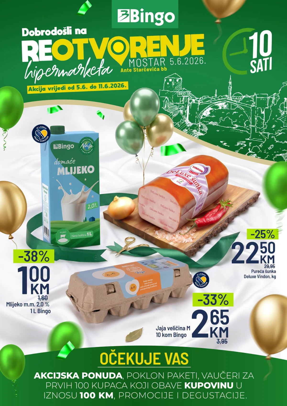 Bingo reotvorenje hipermarketa Mostar od 05.06. do 11.06.2026 – mlijeko 1,00 KM, jaja 2,65 KM i pureća šunka 22,50 KM