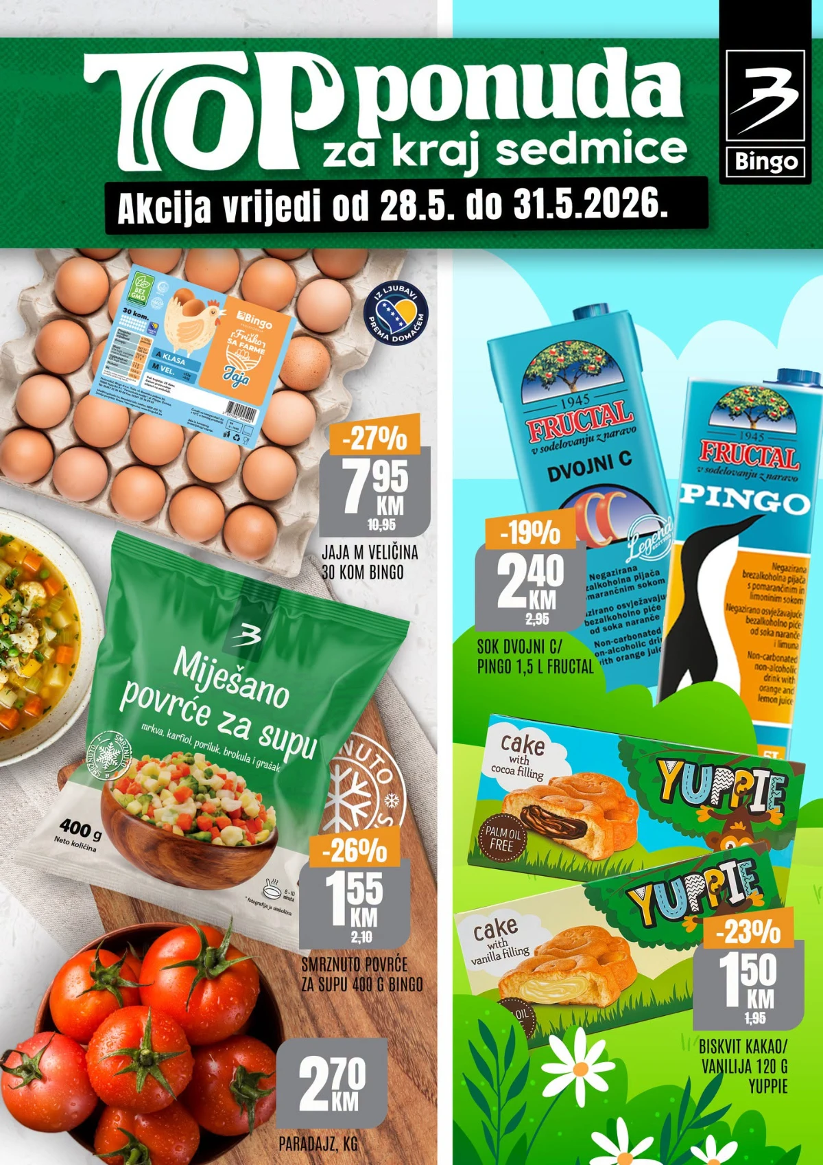 Bingo TOP ponuda za kraj sedmice 28–31.05.2026 – jaja, sokovi, povrće i slatkiši na sniženju