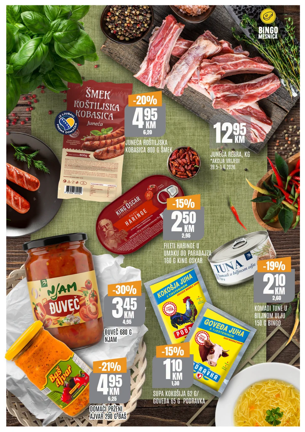 Bingo mesnica i prehrambeni proizvodi – juneća rebra, kobasice, ajvar i tuna na akciji