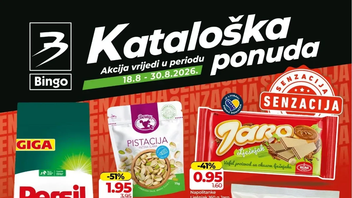 Bingo katalog od 18.08. do 30.08.2026. – kataloška ponuda hrane, pića, kućne hemije, kozmetike i proizvoda za domaćinstvo uz sniženja do 53%