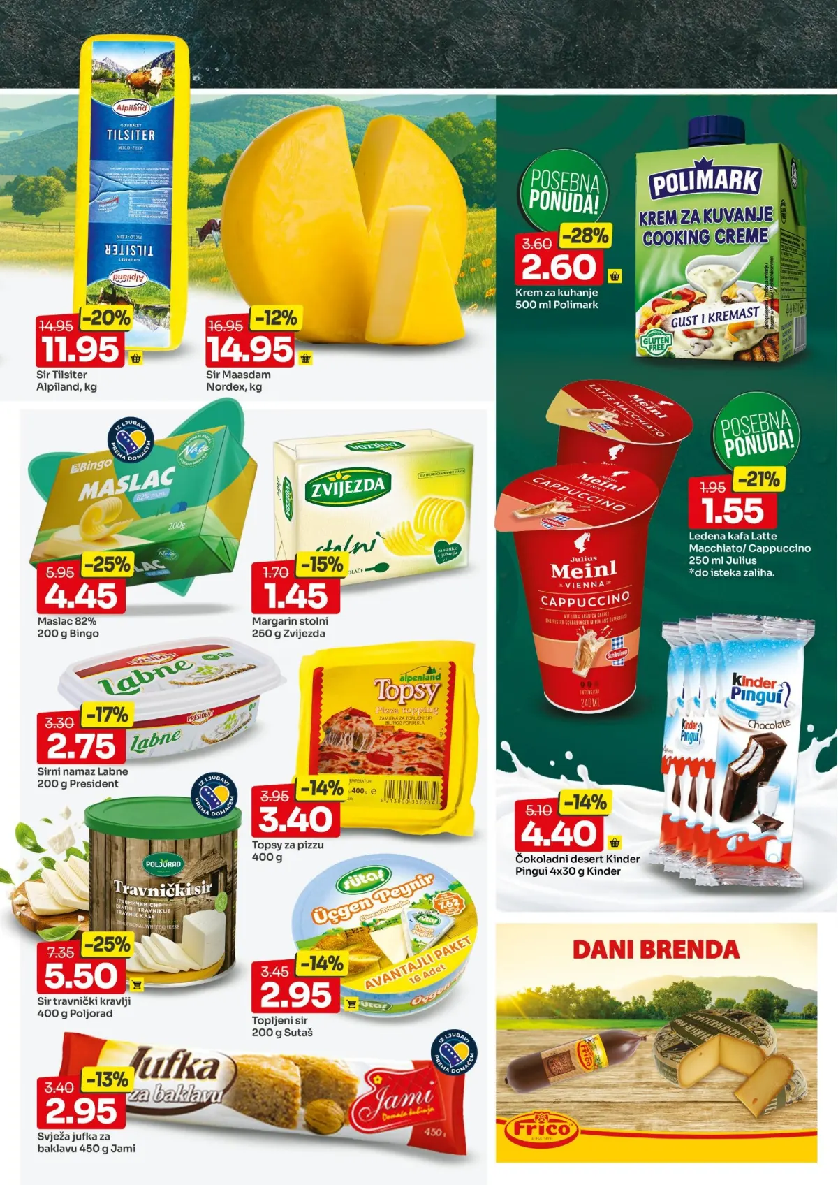 Bingo katalog, stranica 5 – maslac Bingo 82% mliječne masti 200 g za 4,45 KM i travnički sir Poljorad 400 g za 5,50 KM